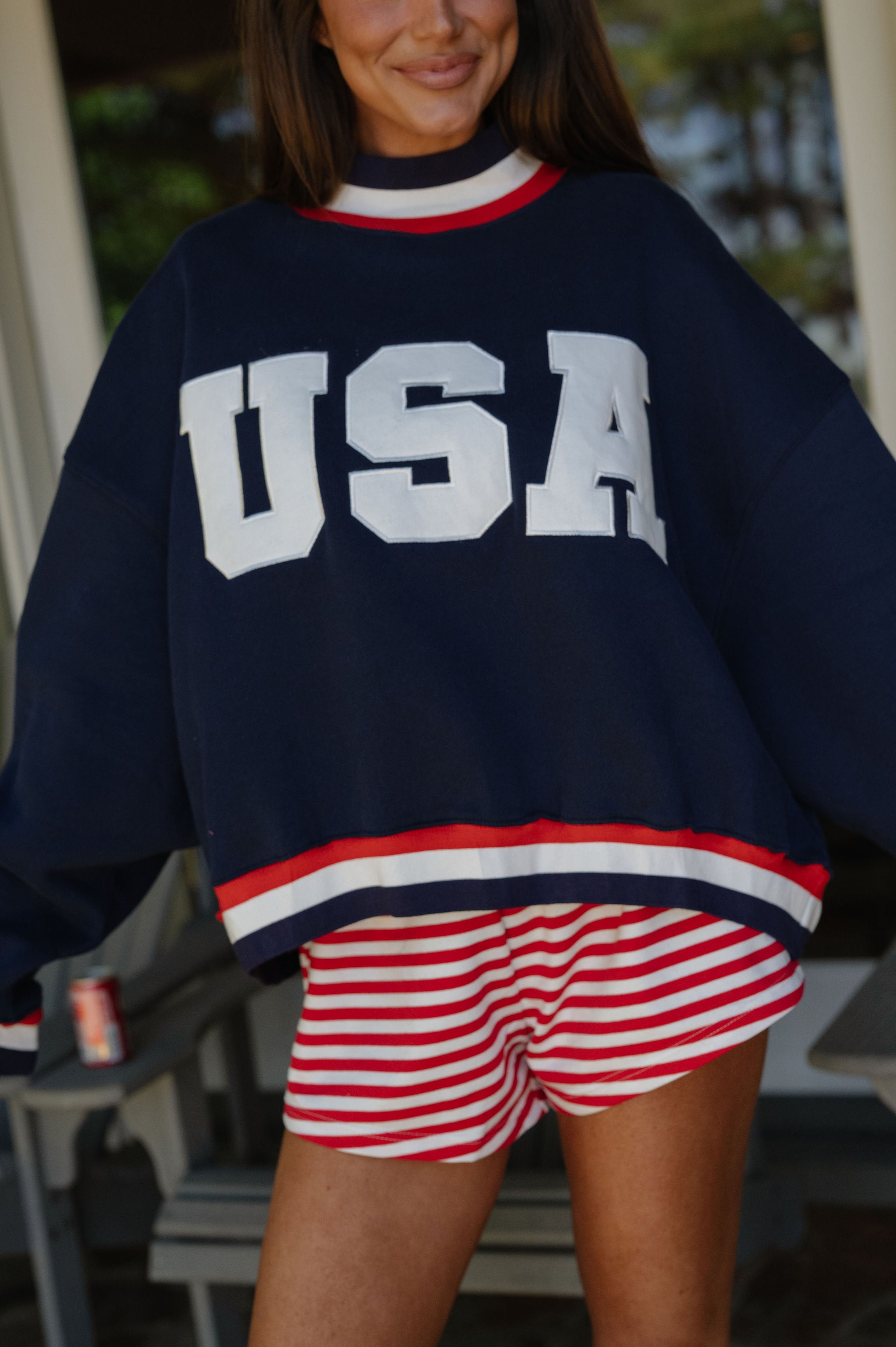"USA" Contrast Trim Crewneck-Navy