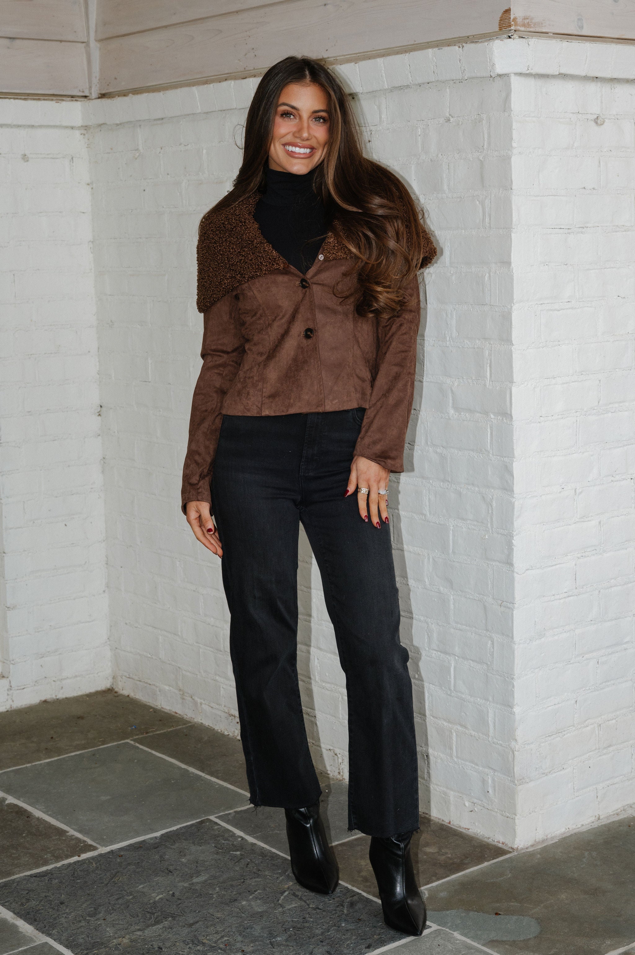 Faux Fur Collar Suede Jacket-Brown