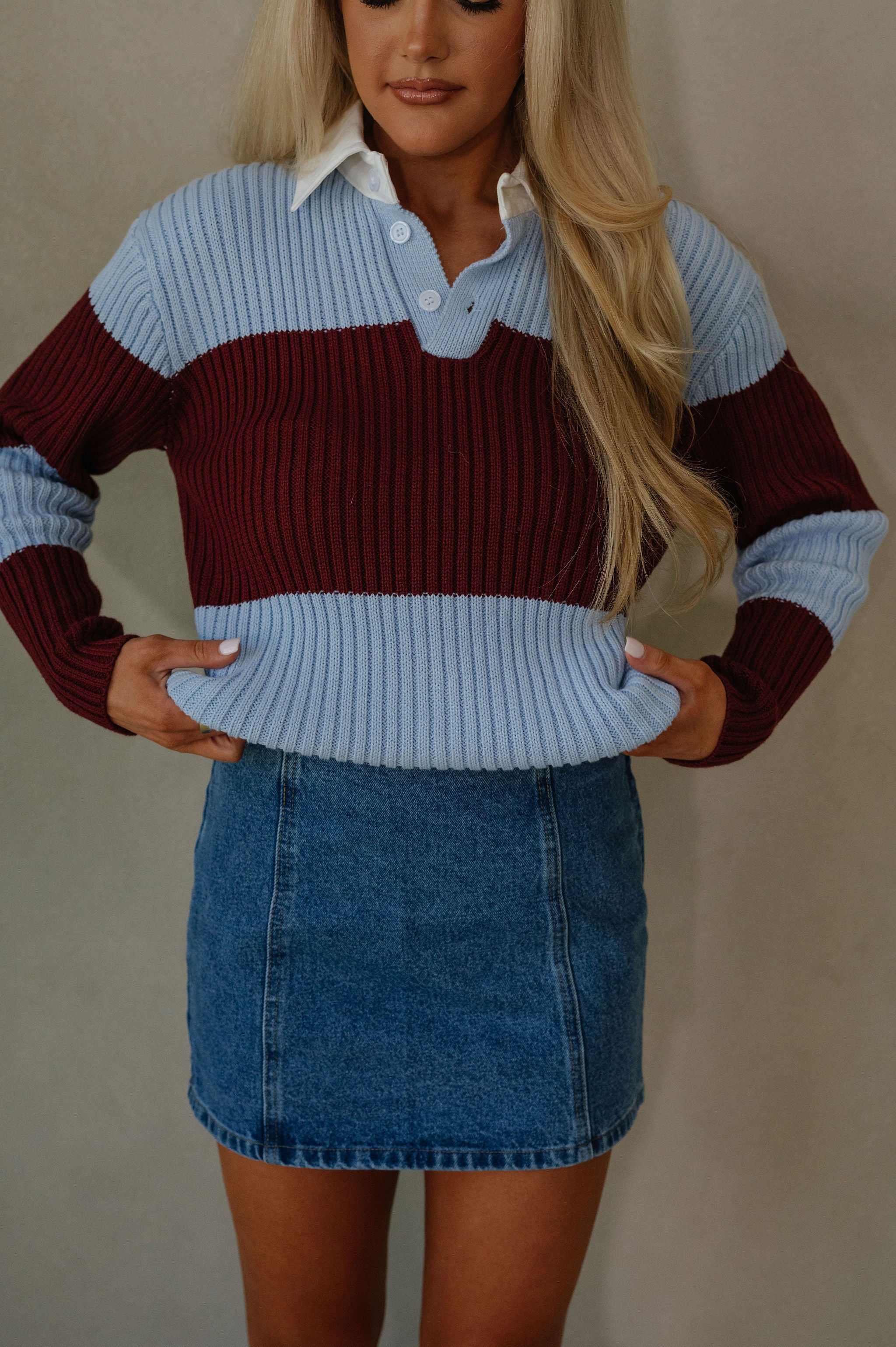 Wide Stripe Collared Sweater- Sky Blue