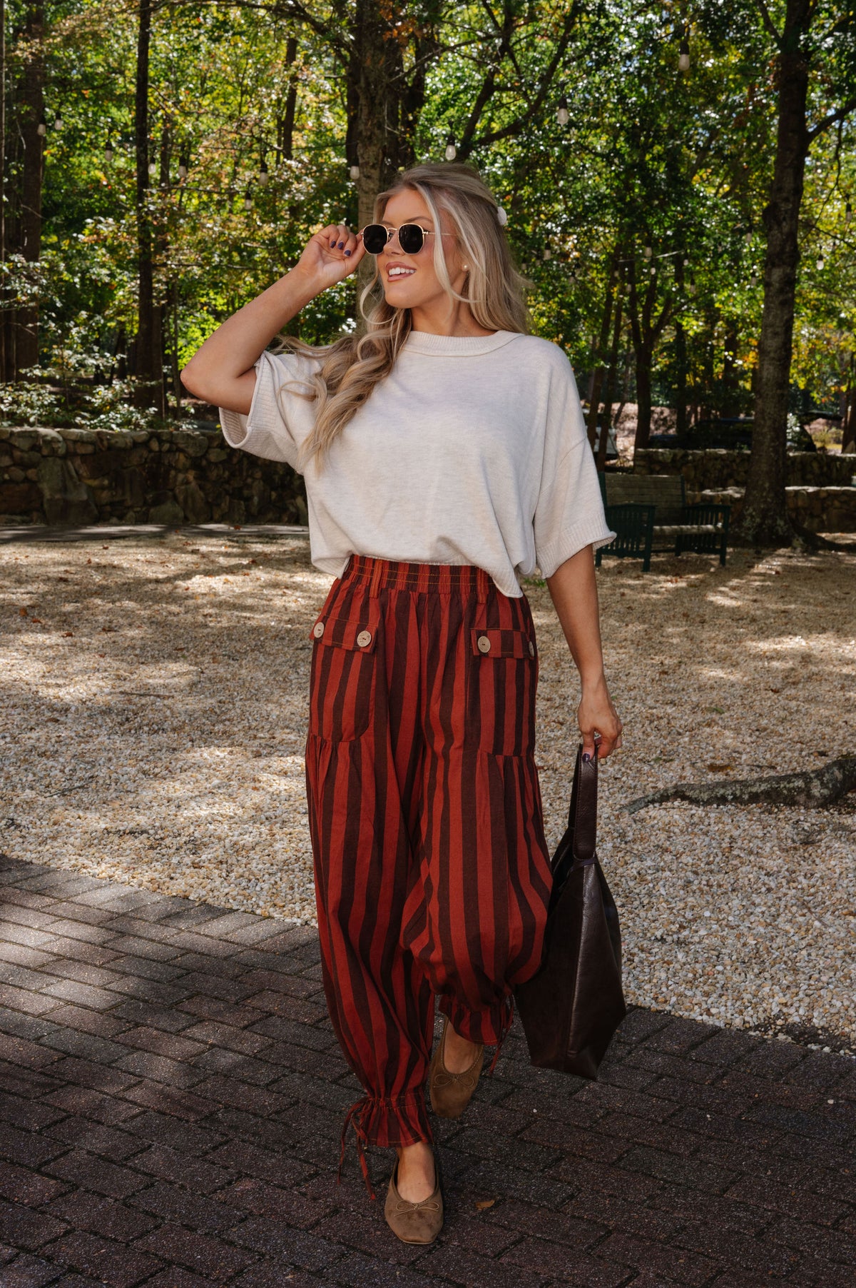 Hazel Striped Adjustable Leg Pants-Rust