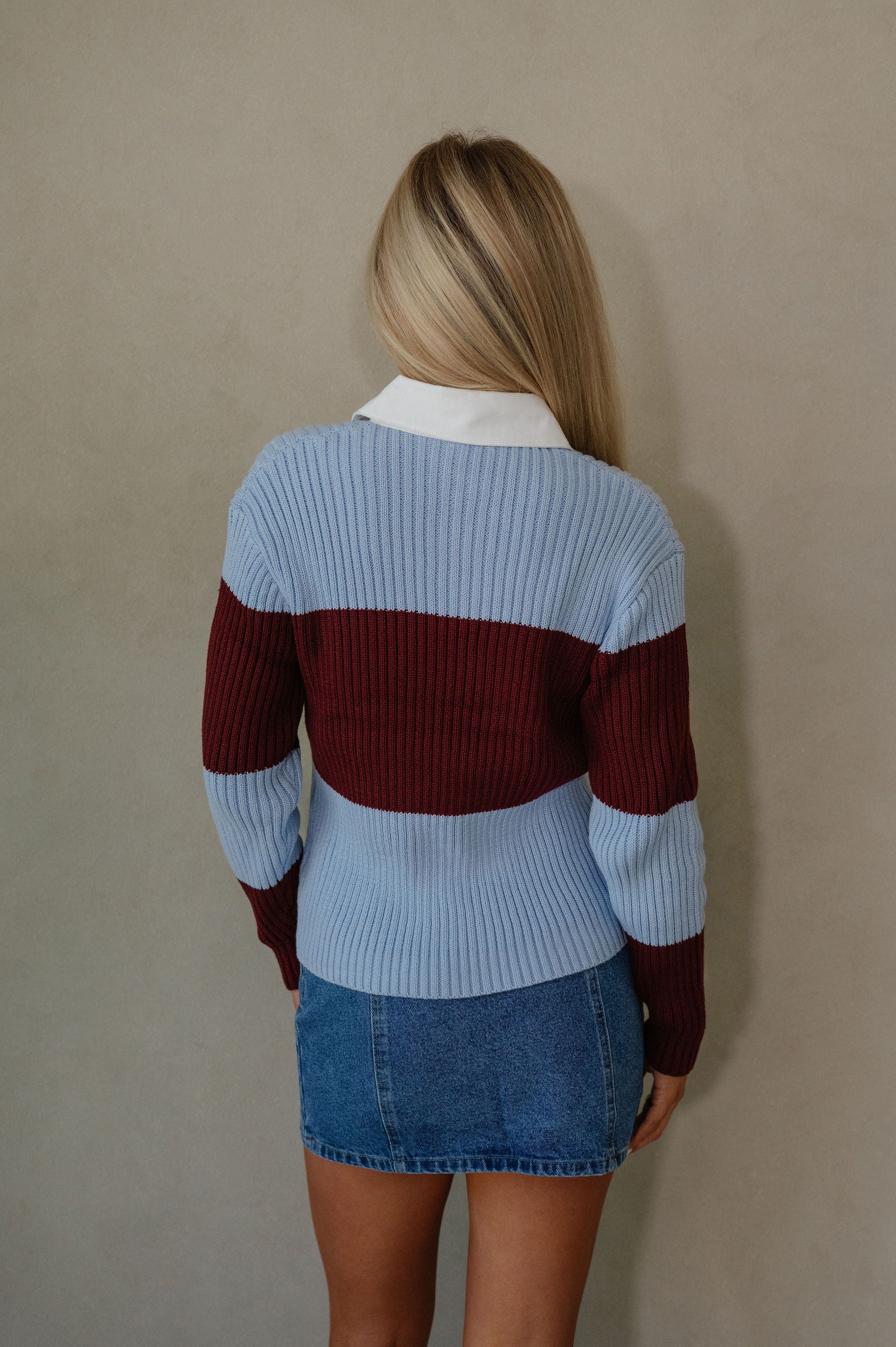 Wide Stripe Collared Sweater- Sky Blue