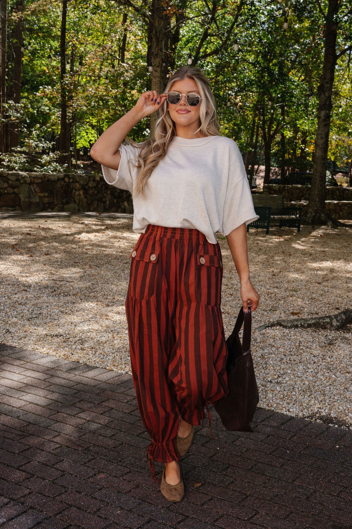 Hazel Striped Adjustable Leg Pants-Rust