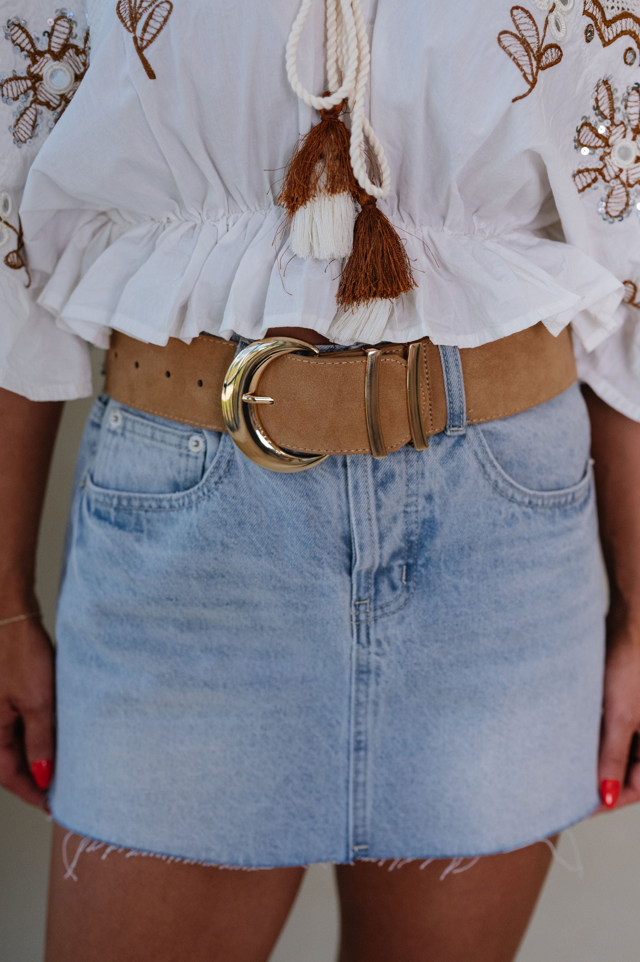 Suede Crescent Moon Buckle Belt-Camel