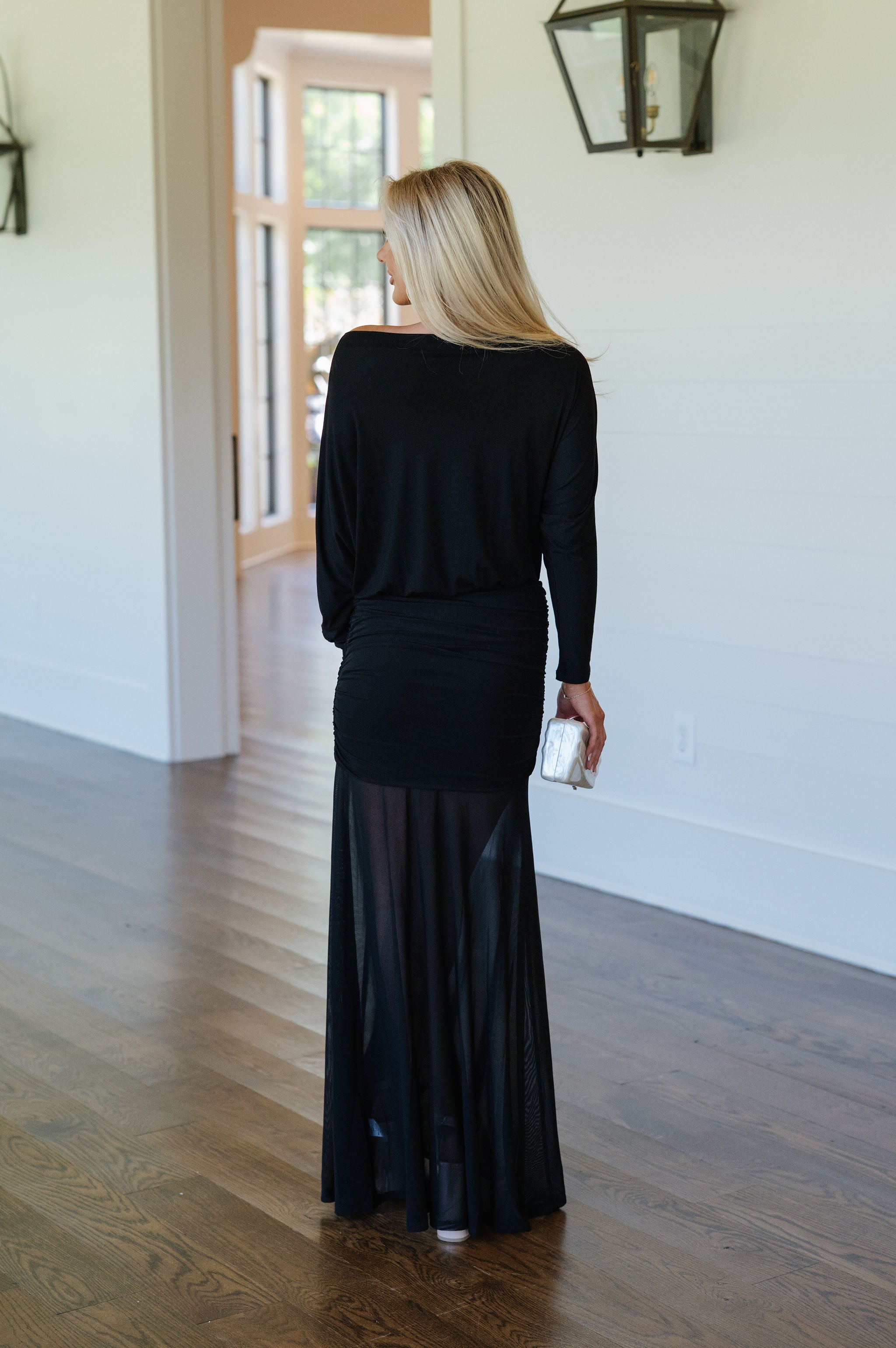 Savannah Ruched Mesh Maxi Dress-Black