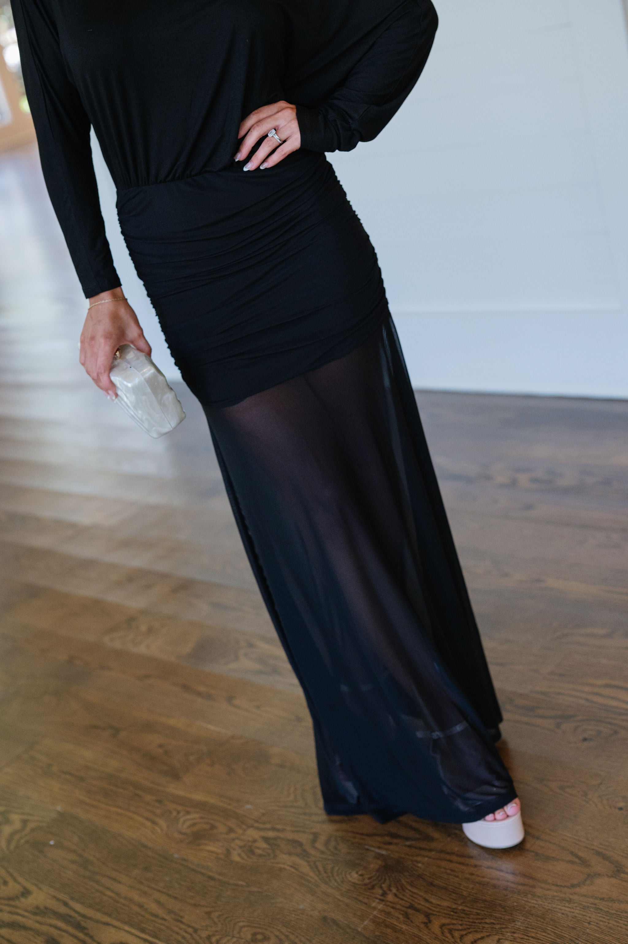 Savannah Ruched Mesh Maxi Dress-Black