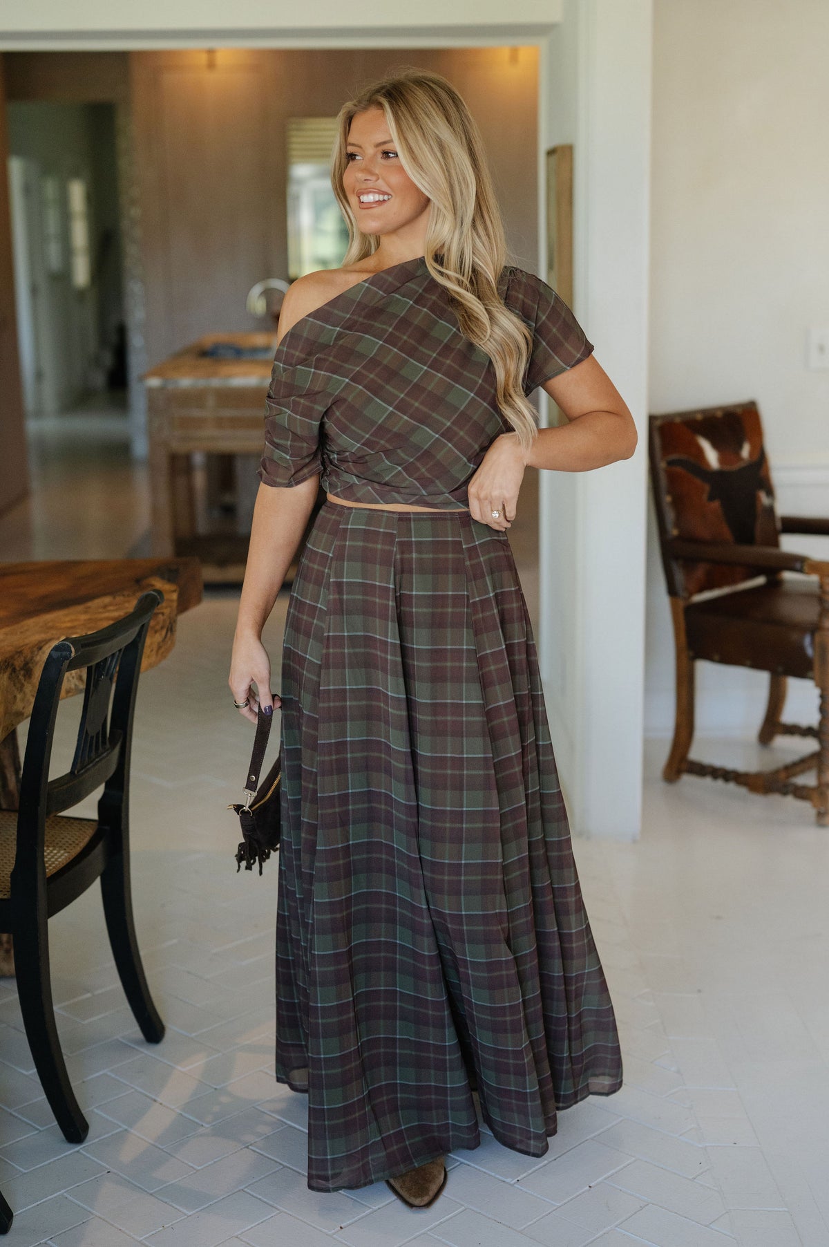 Autumn Plaid Skirt Set-Olive