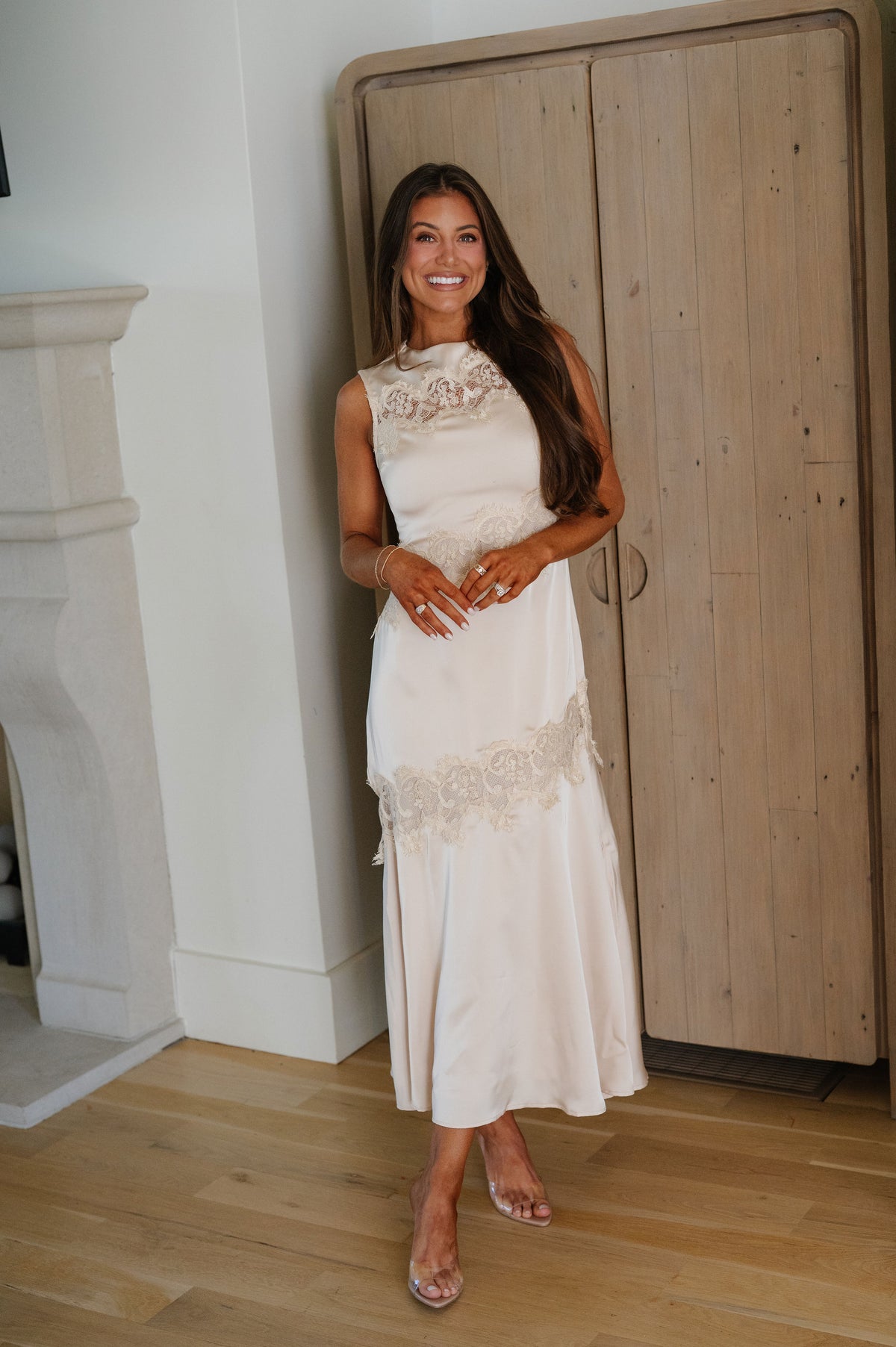 Grace Satin Lace Midi Dress-Champagne