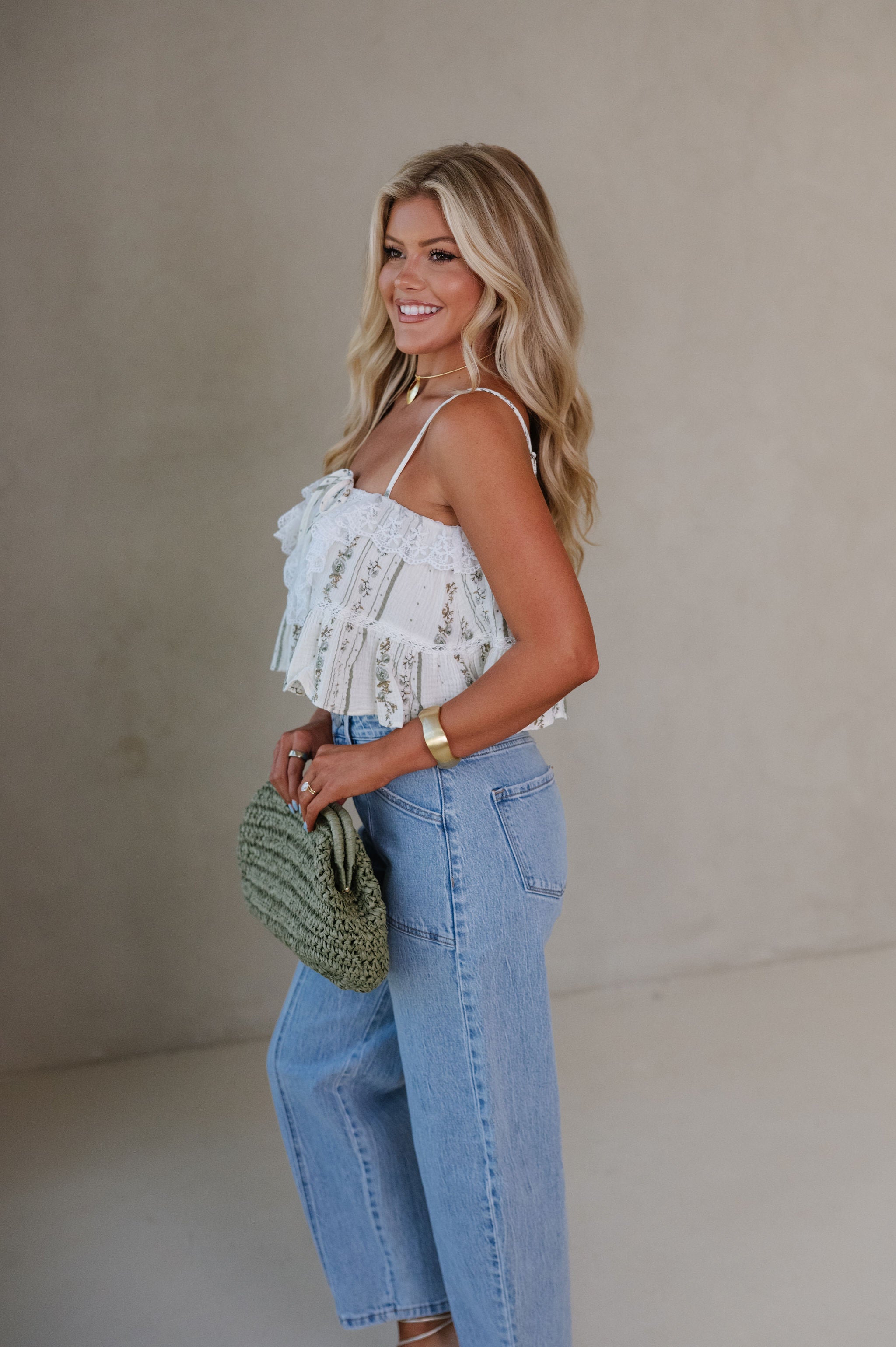 Maeve Ruffled Hem Top-Natural Floral
