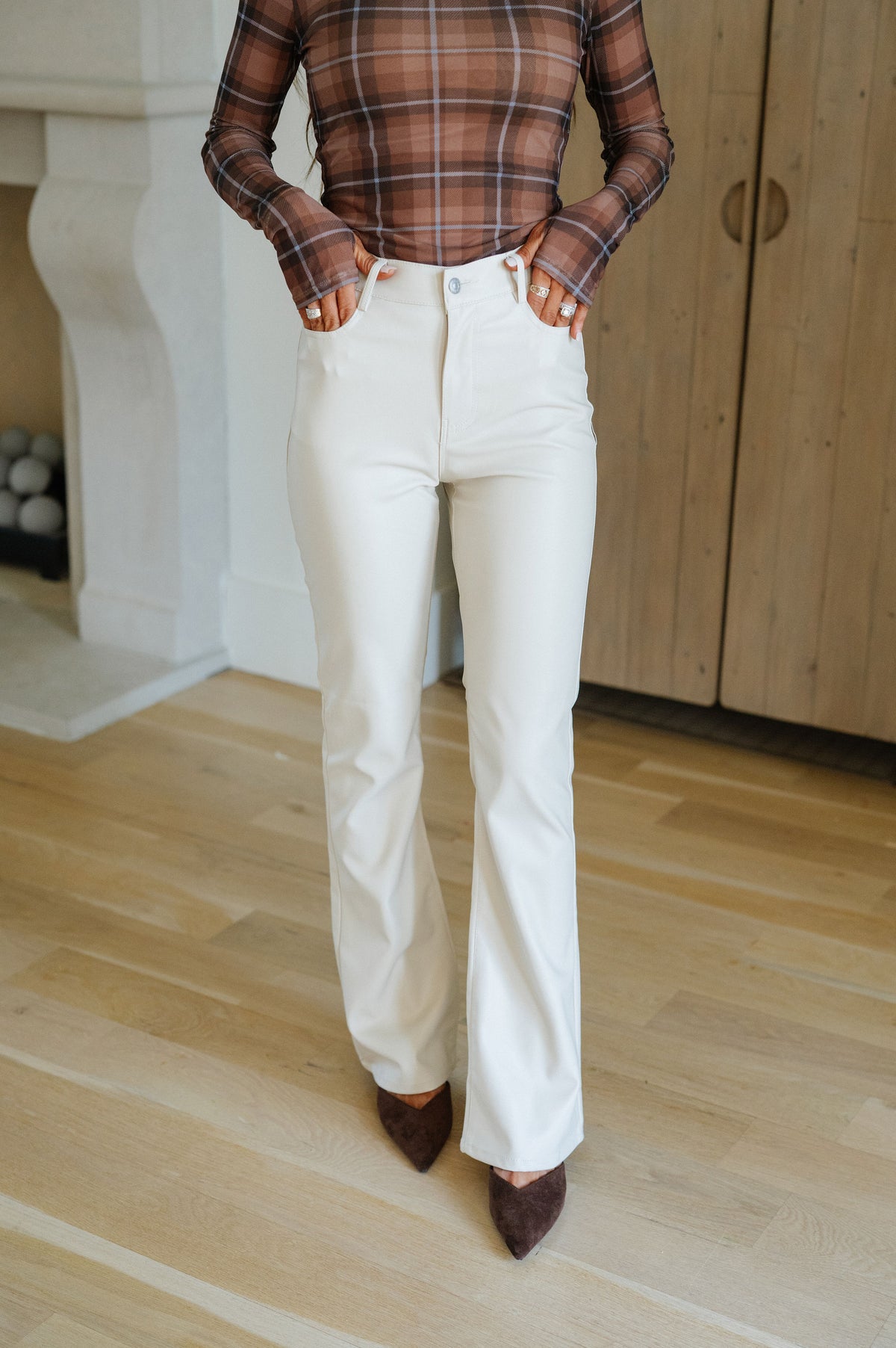 Leather Bootcut Pants-Cream