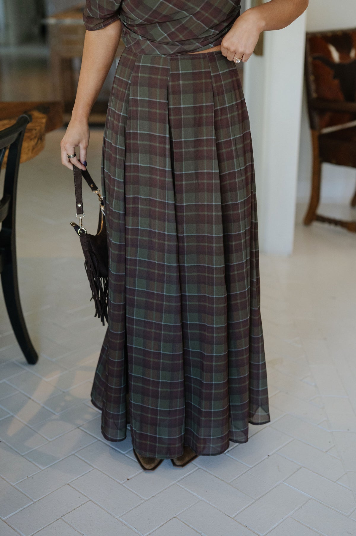 Autumn Plaid Skirt Set-Olive