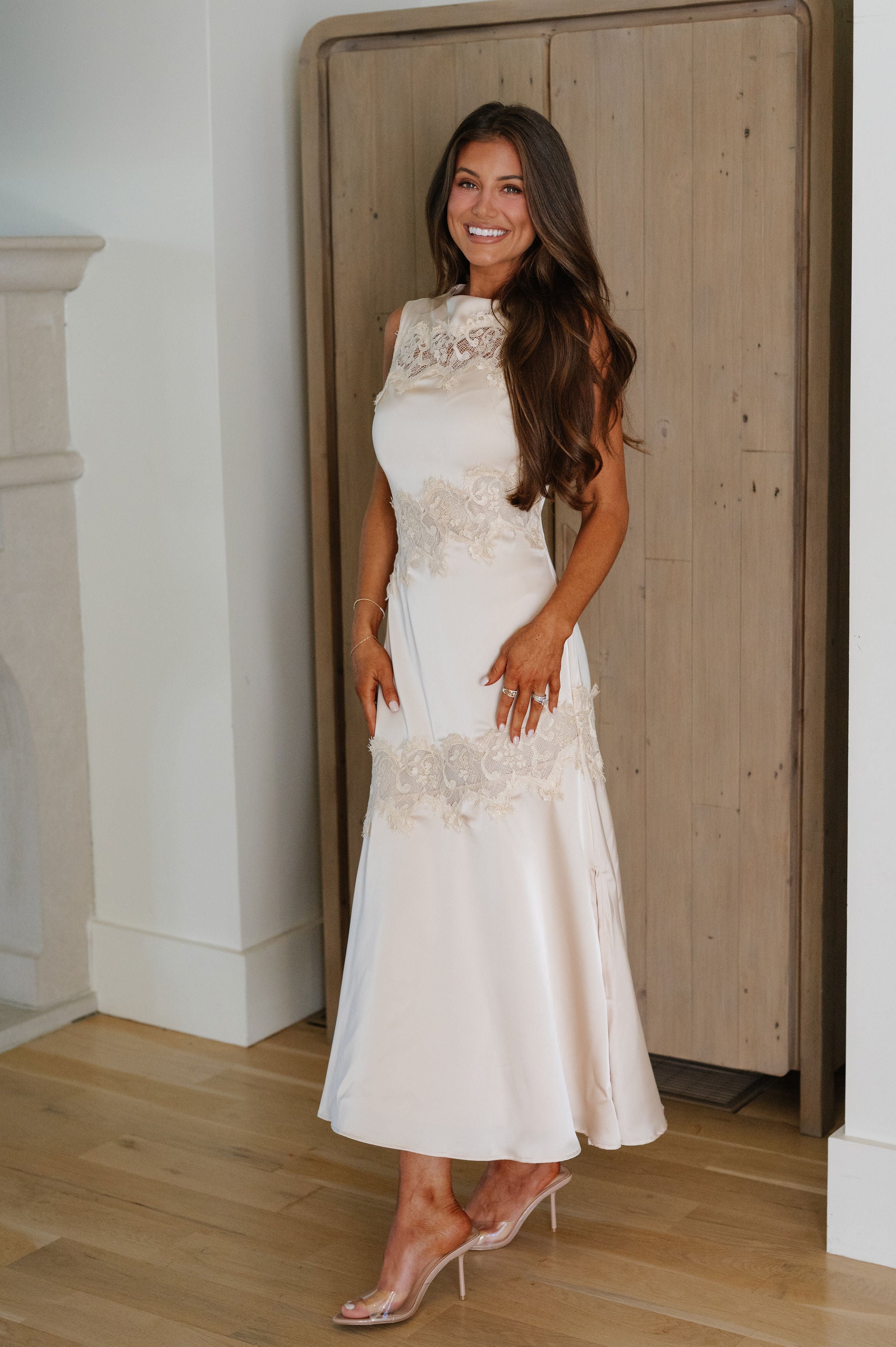 Grace Satin Lace Midi Dress-Champagne