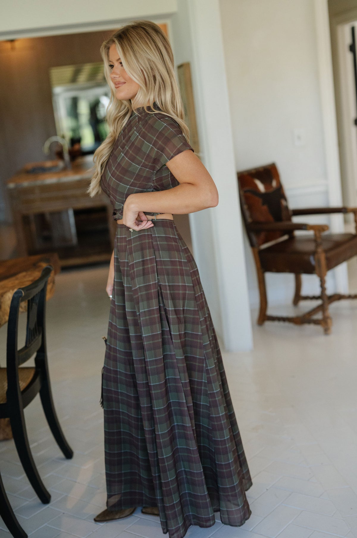 Autumn Plaid Skirt Set-Olive