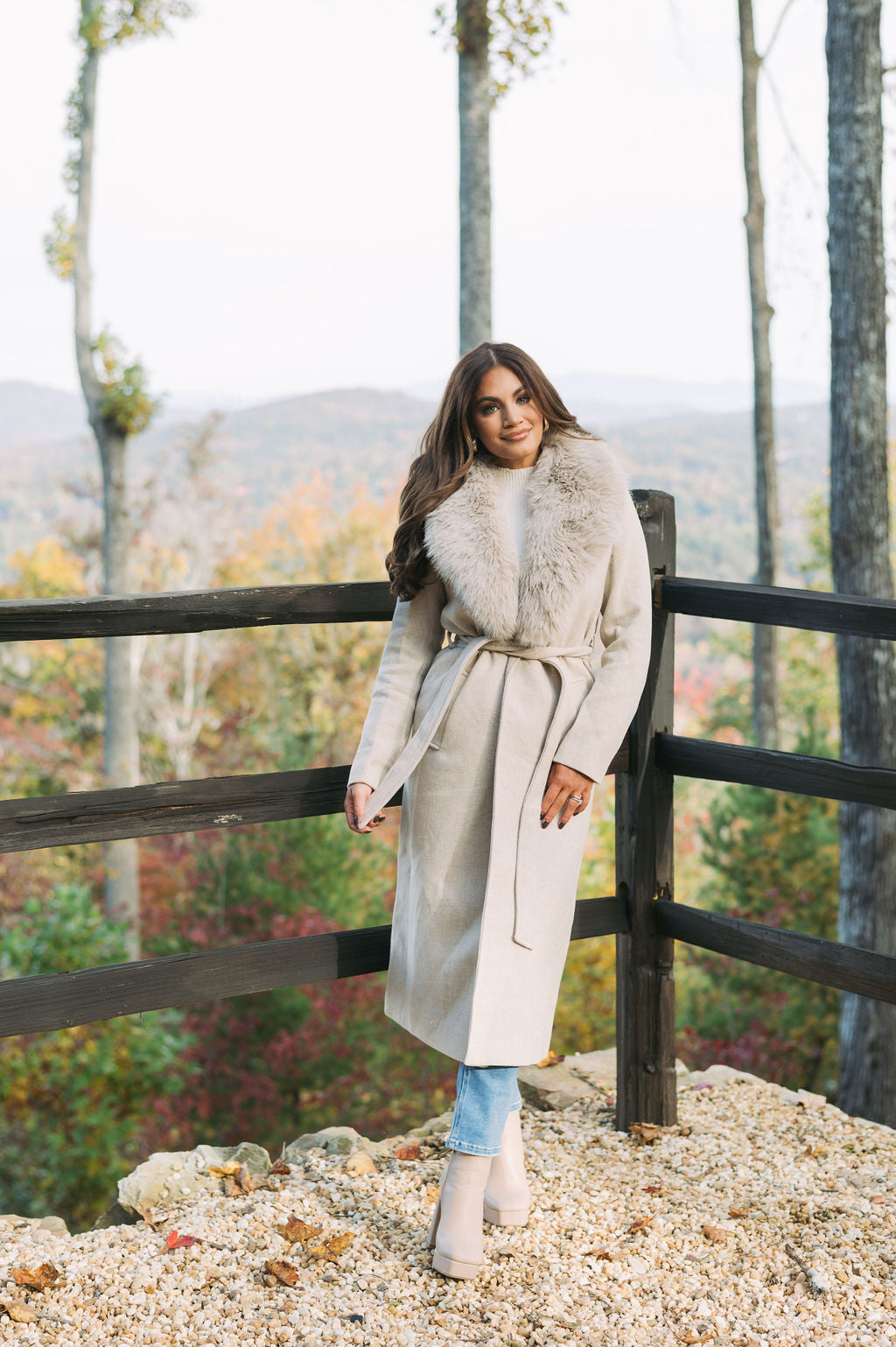 Faux Fur Collar Tie Coat-Beige