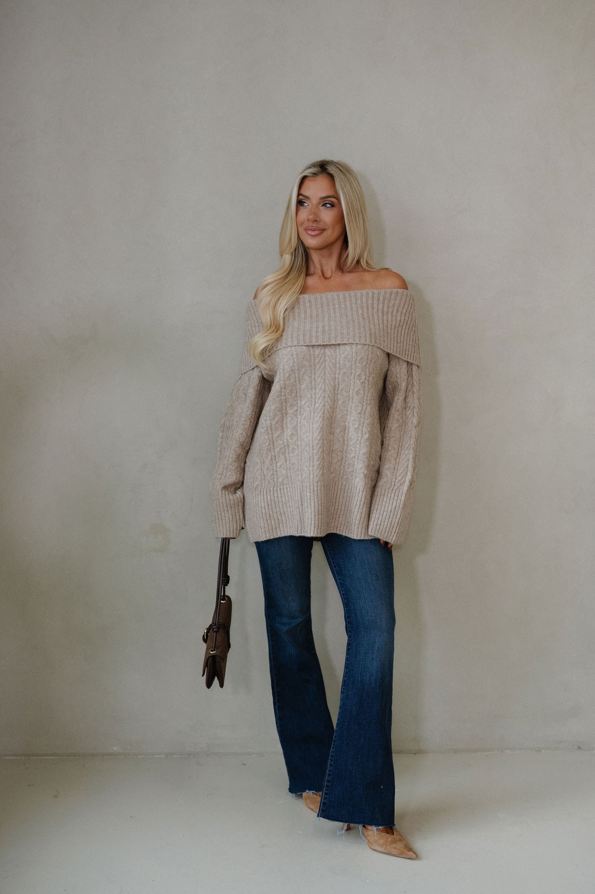 Vivian OTS Cable Sweater-Tan
