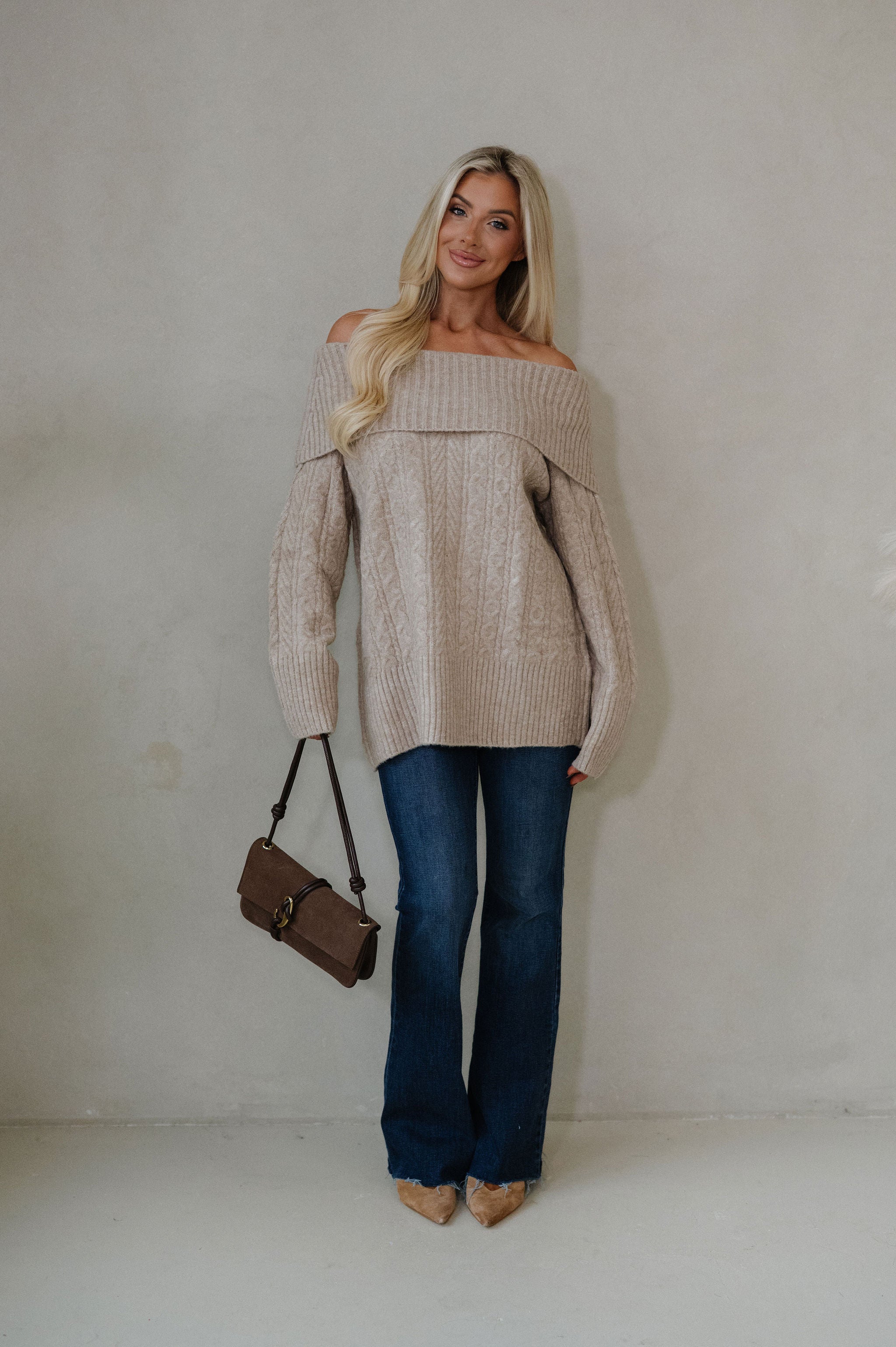 Vivian OTS Cable Sweater-Tan