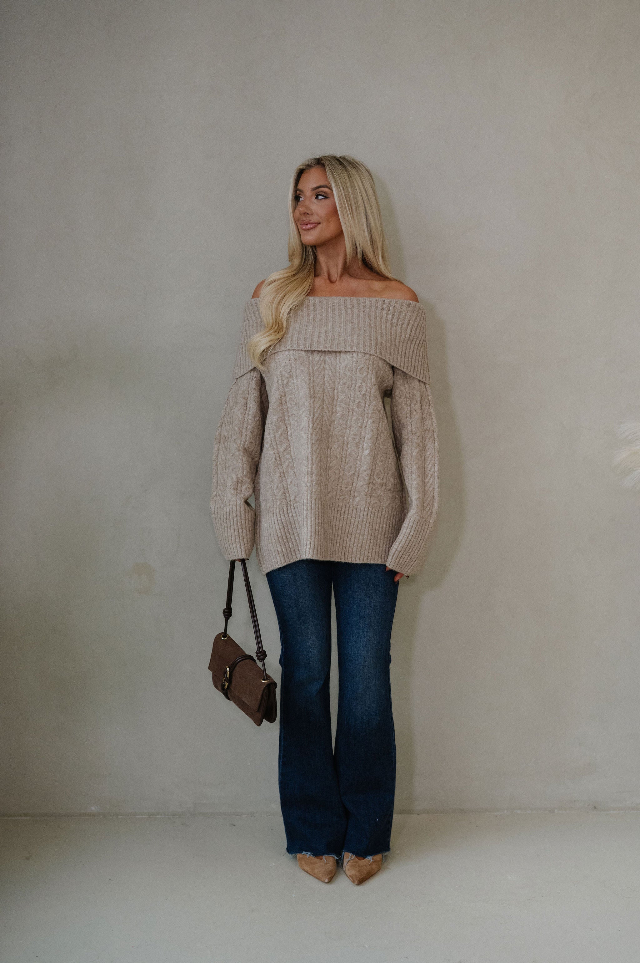 Vivian OTS Cable Sweater-Tan