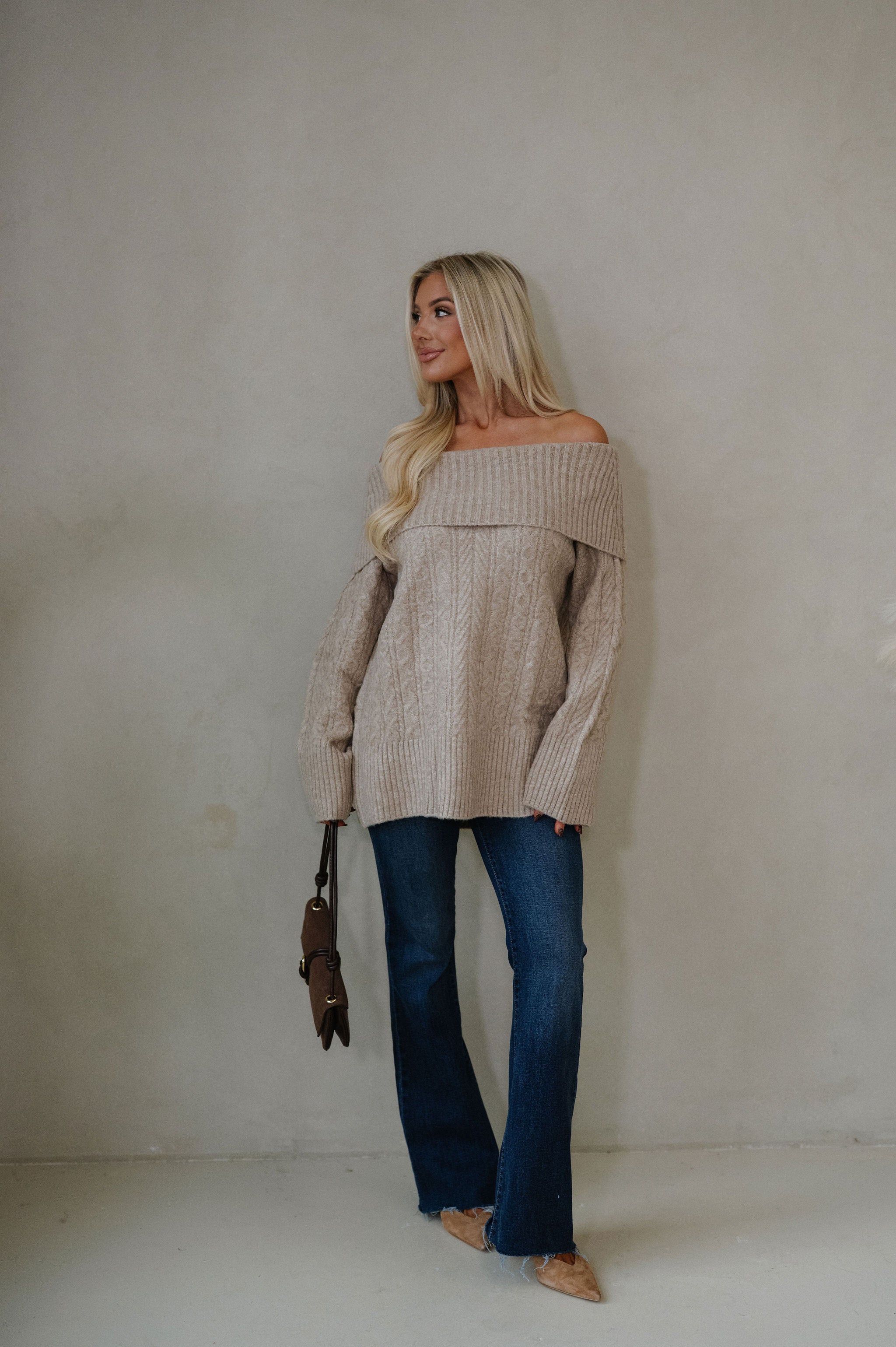 Vivian OTS Cable Sweater-Tan