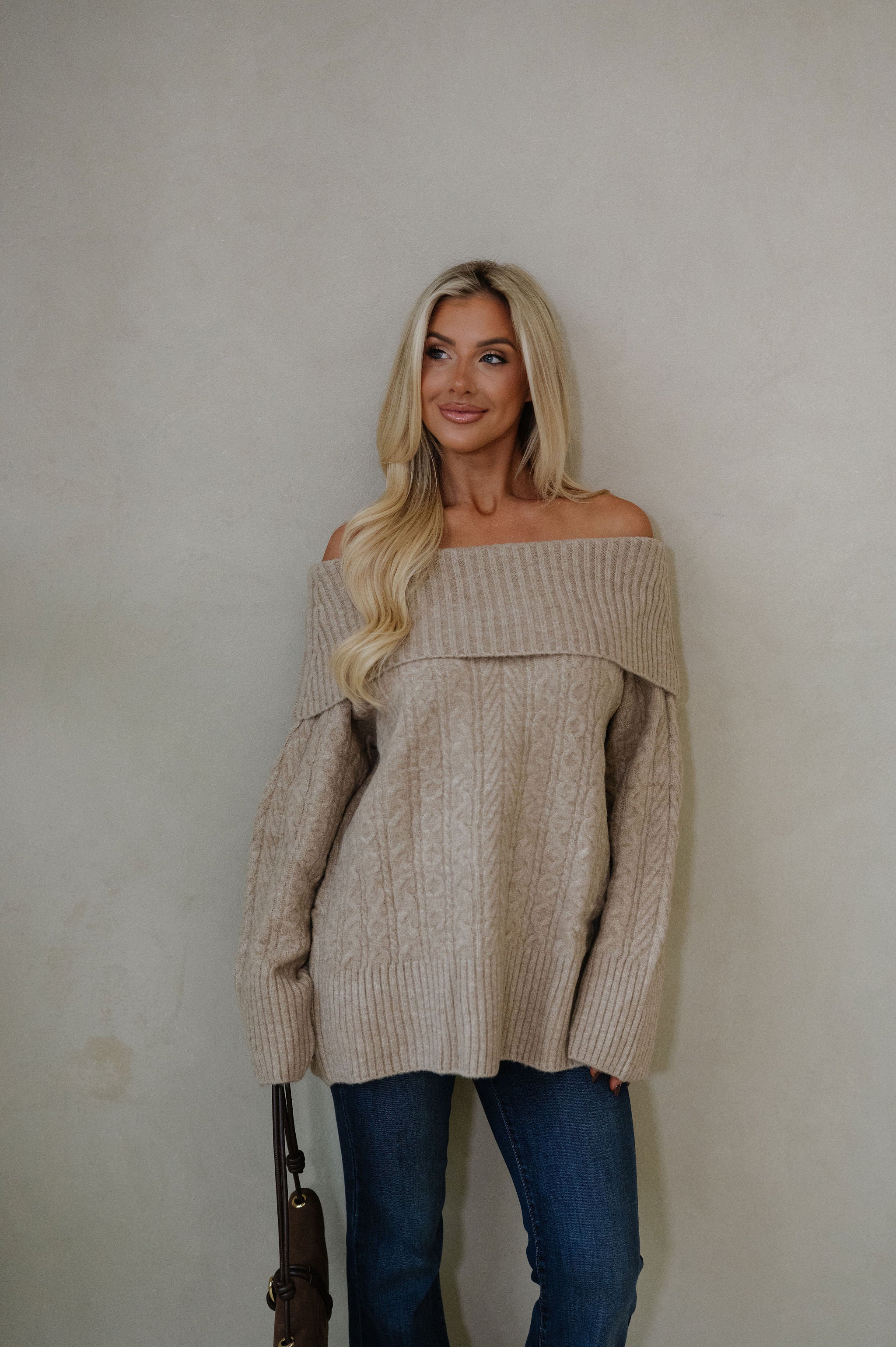 Vivian OTS Cable Sweater-Tan