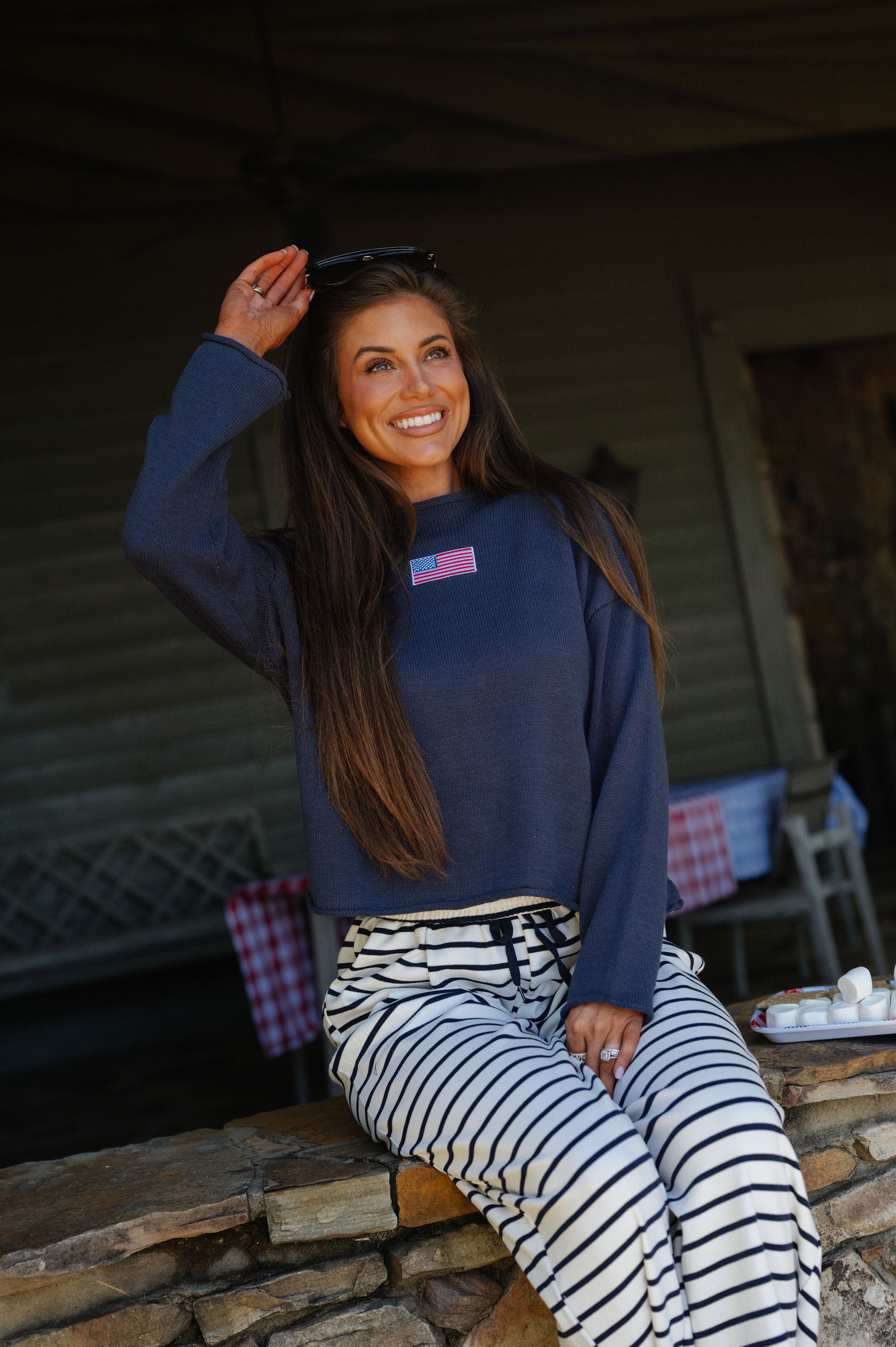 American Flag Rolled High Neck Sweater-Navy