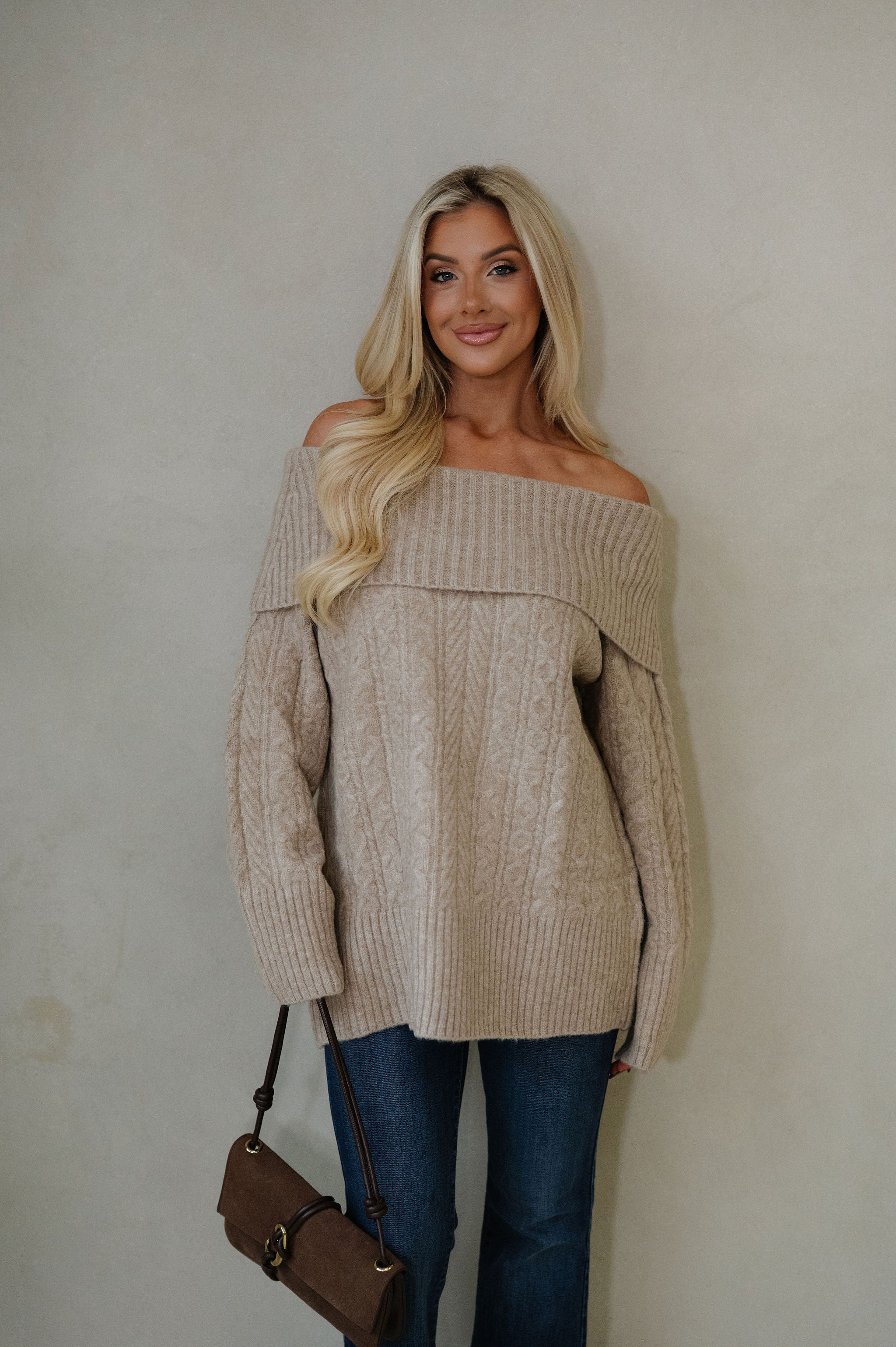 Vivian OTS Cable Sweater-Tan