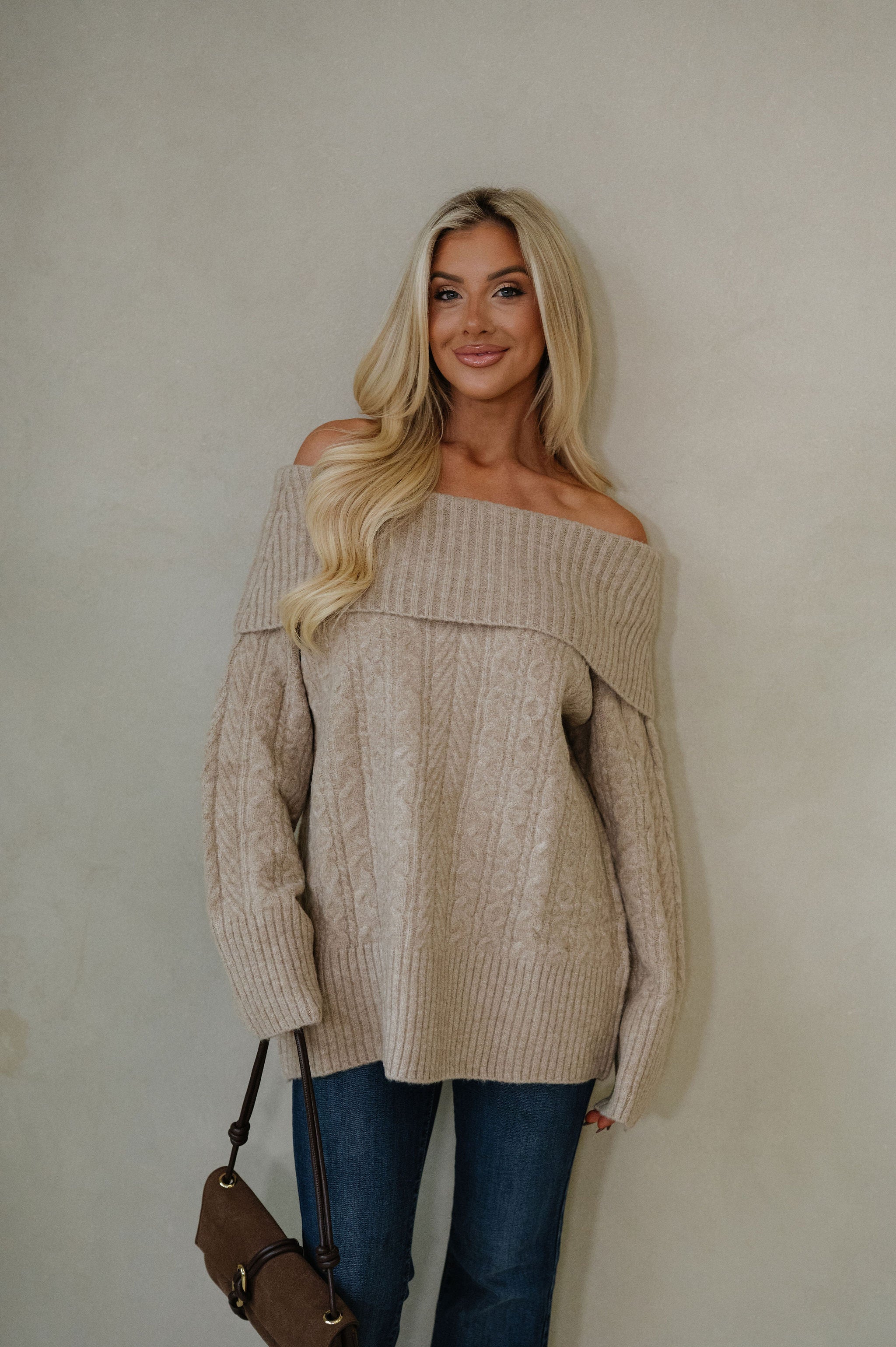 Vivian OTS Cable Sweater-Tan
