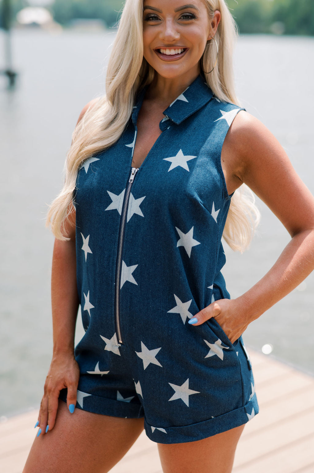 Chelsea Star Printed Romper- Dark Denim