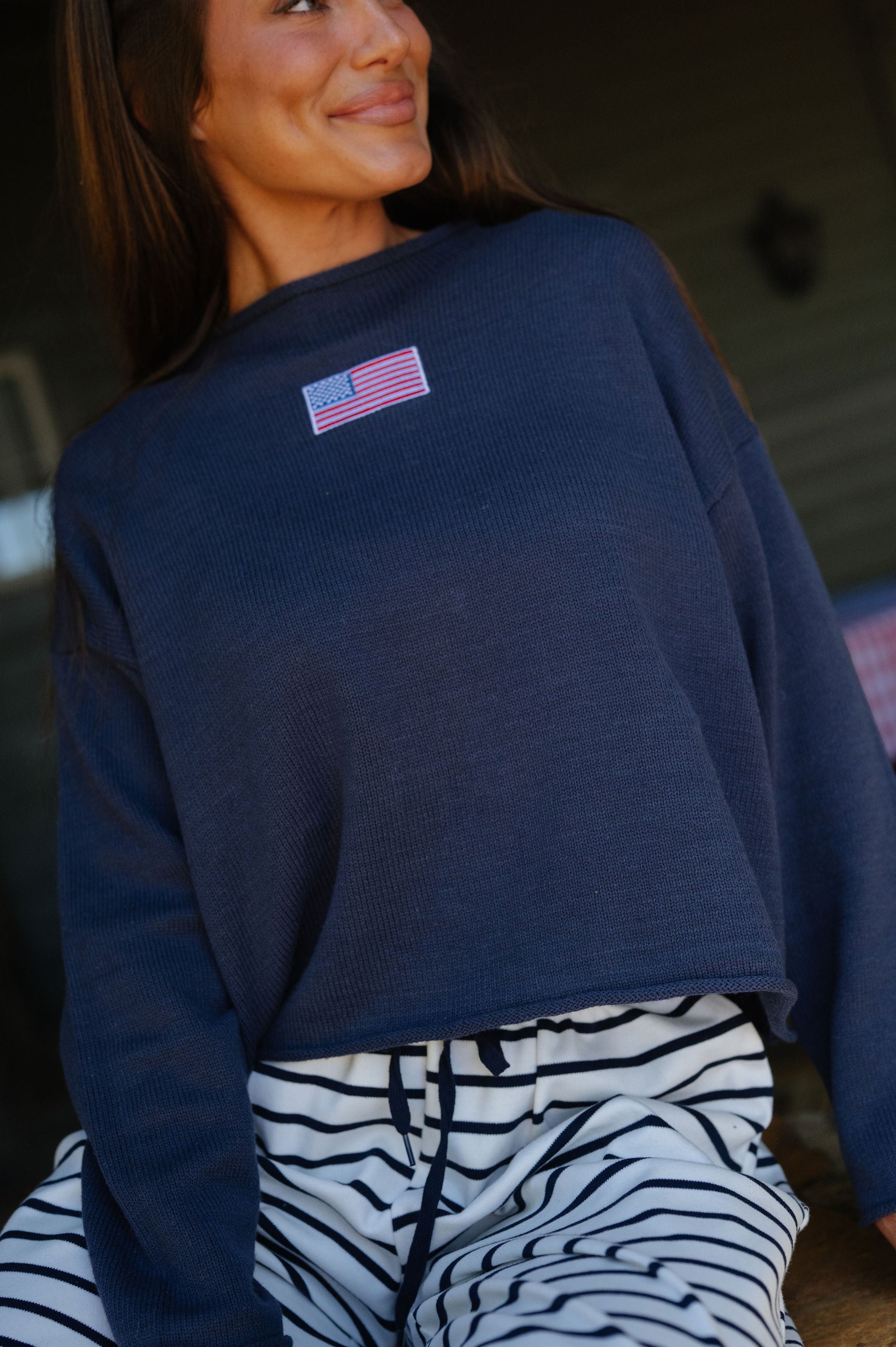 American Flag Rolled High Neck Sweater-Navy