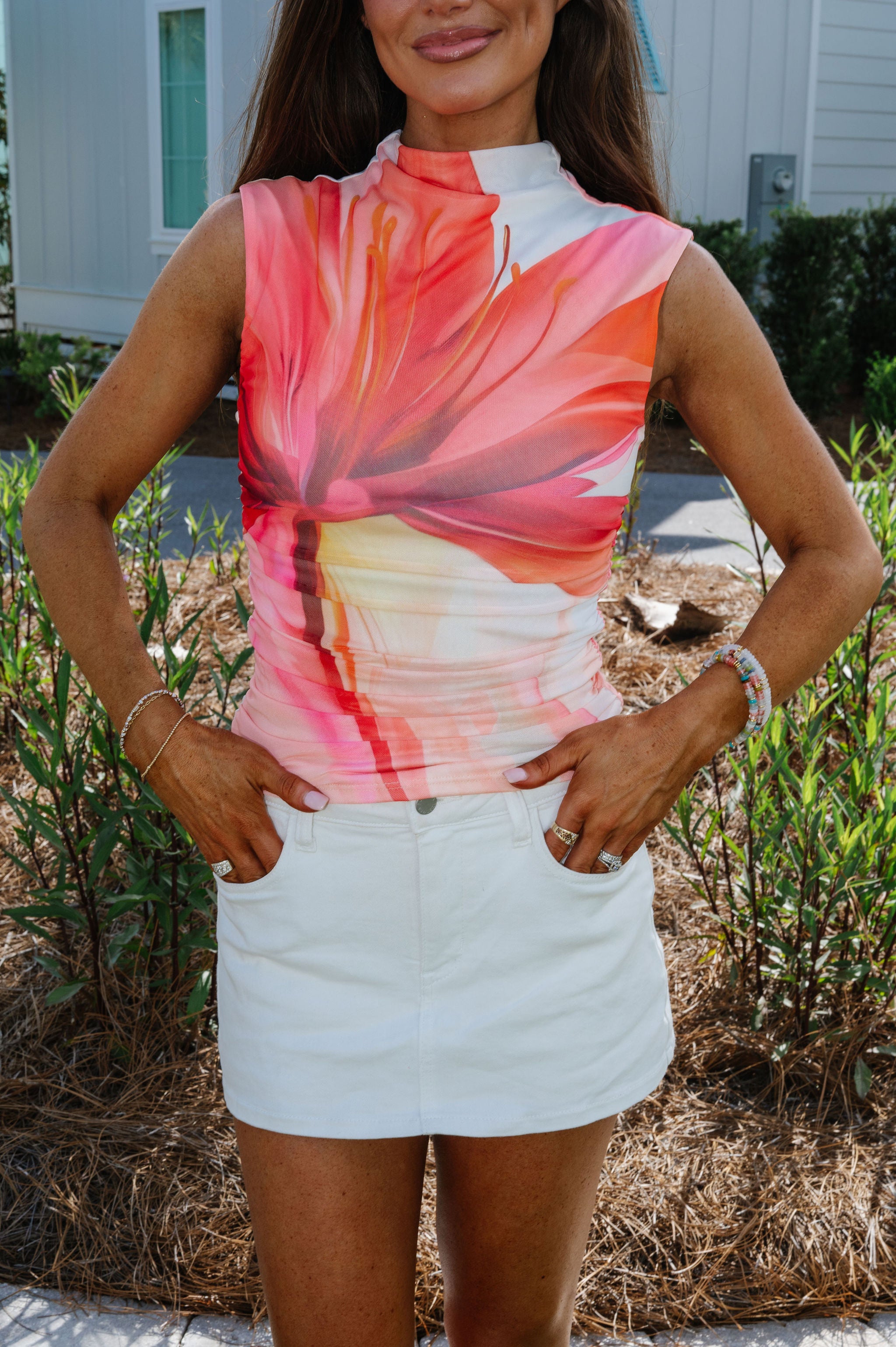 Ruched Mesh Top-Coral Pink