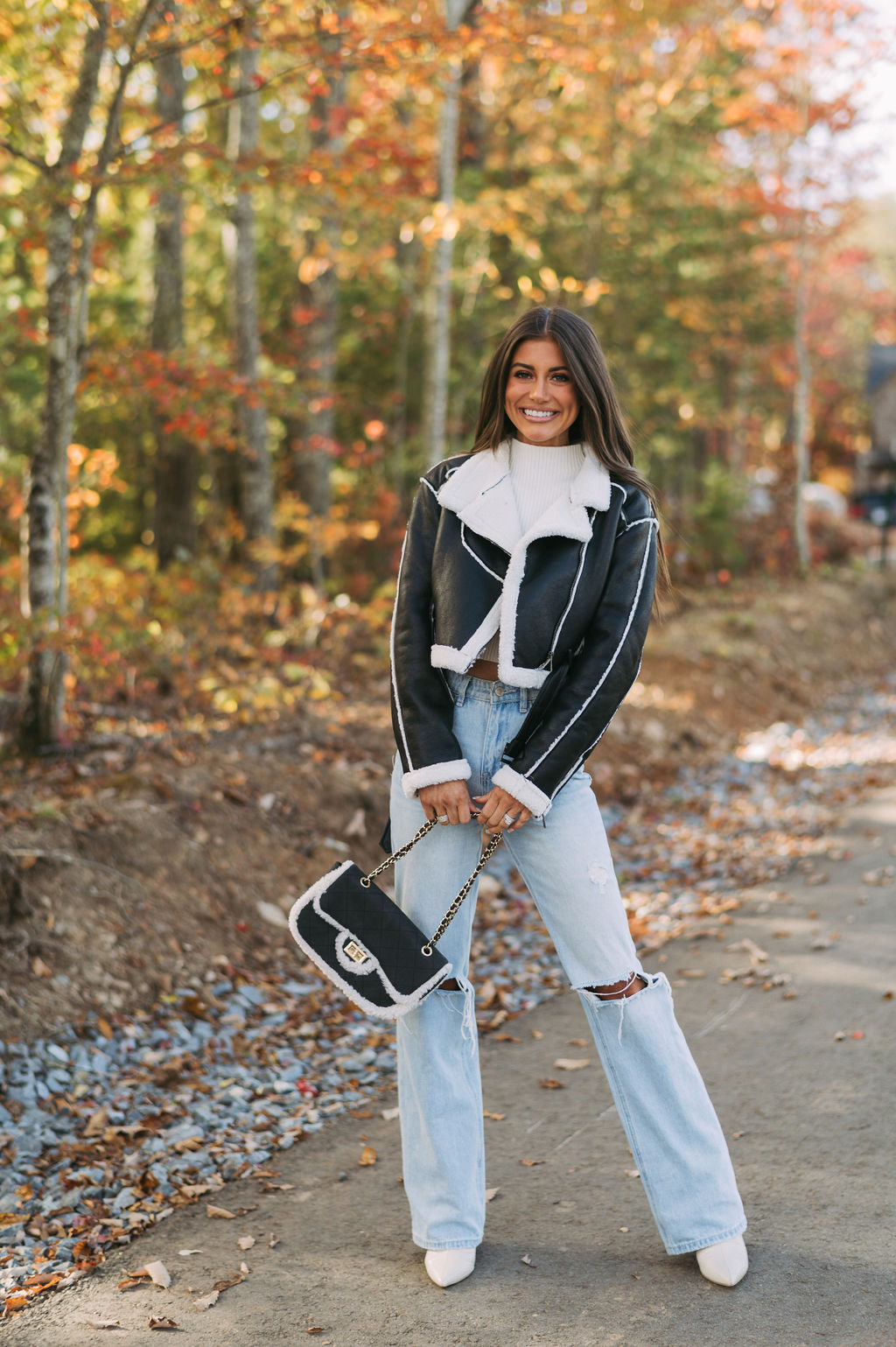 Faux Leather/Sherpa Moto Jacket-Black