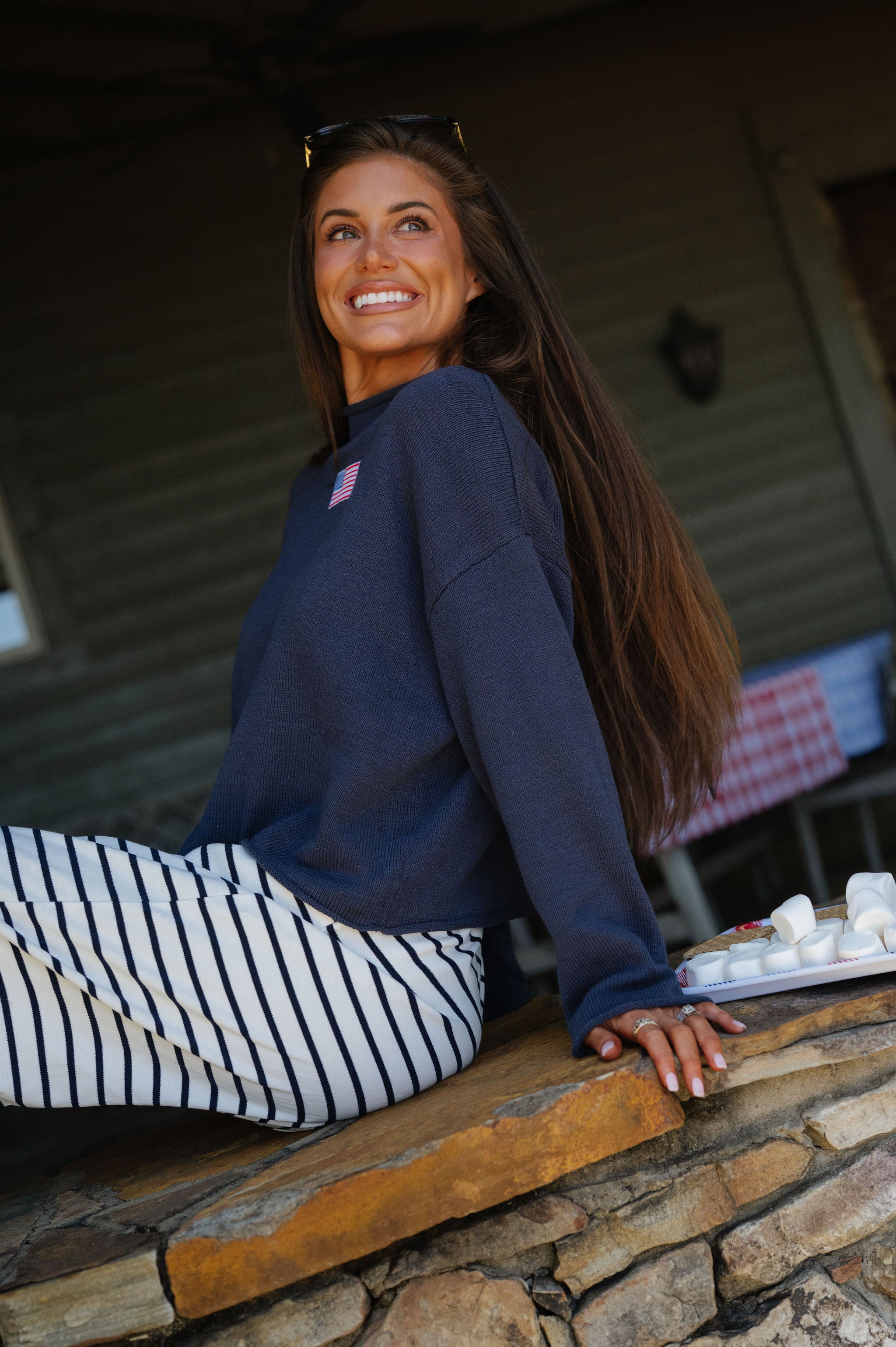 American Flag Rolled High Neck Sweater-Navy