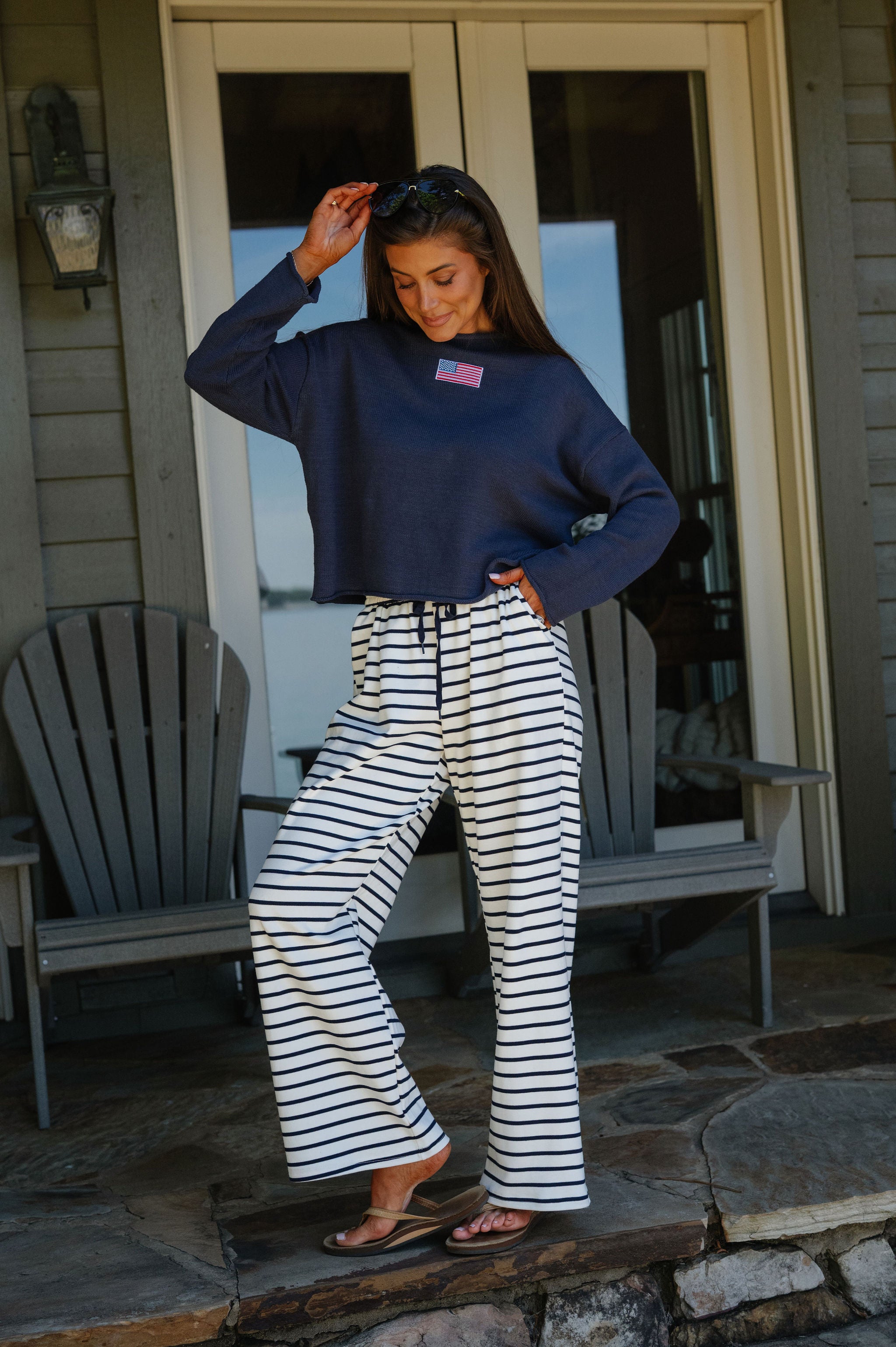 American Flag Rolled High Neck Sweater-Navy