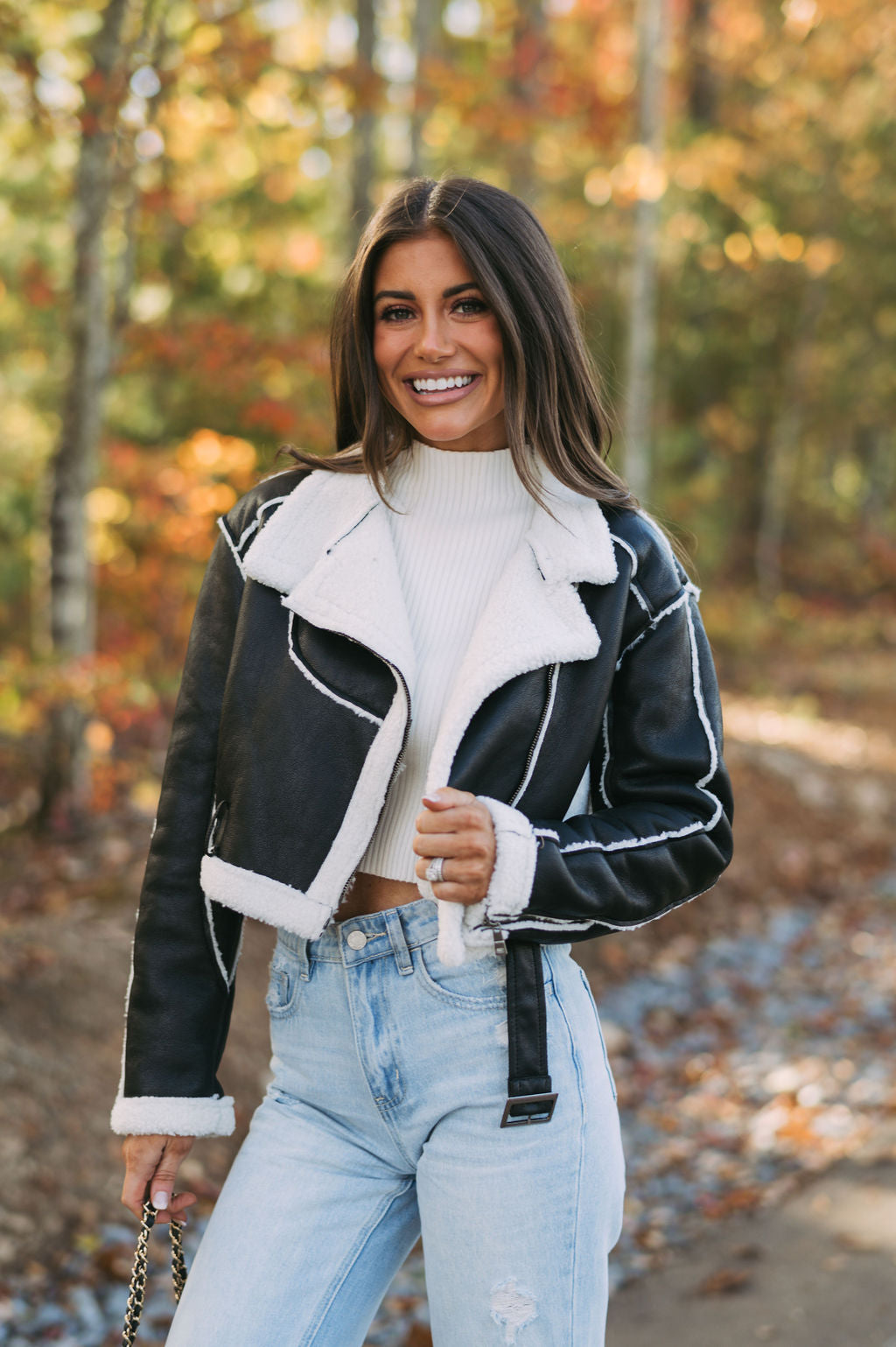 Faux Leather/Sherpa Moto Jacket-Black