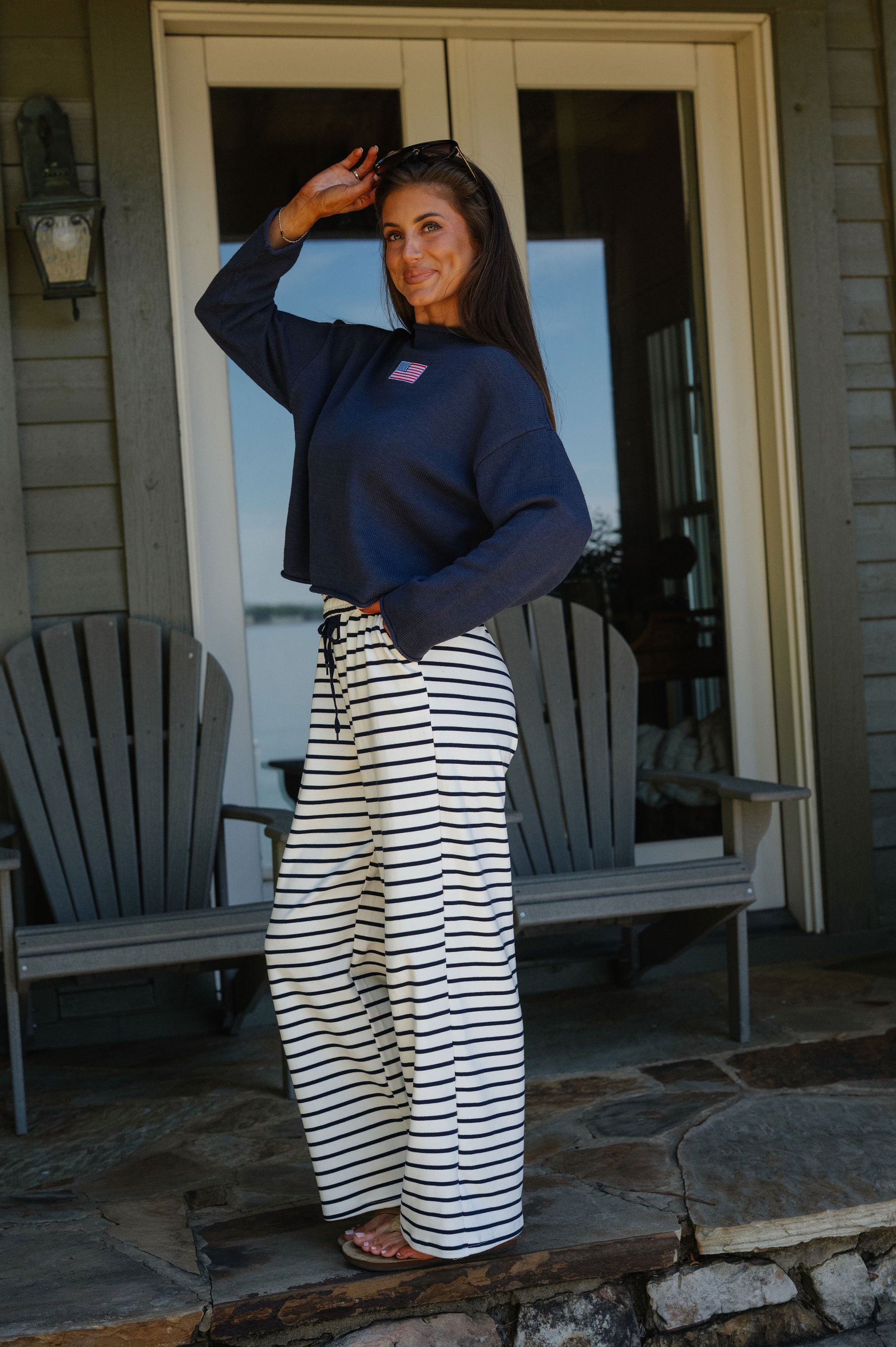 American Flag Rolled High Neck Sweater-Navy