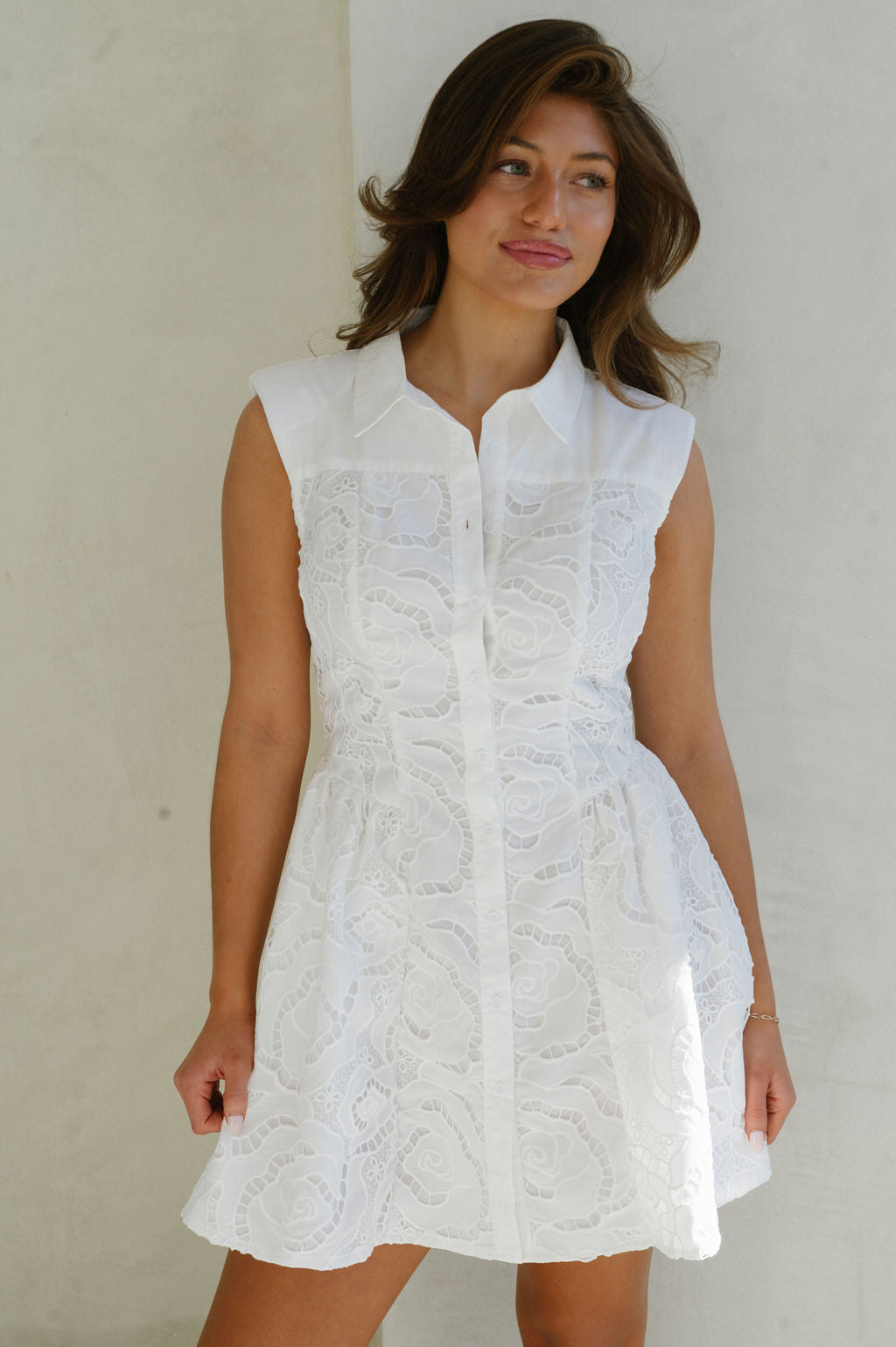 Classic Embroidered Mini Dress-White