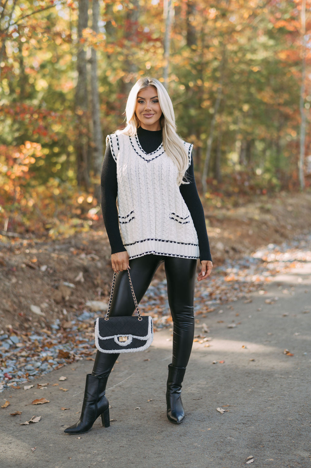 Cable Knit Sweater Vest - Cream/Black