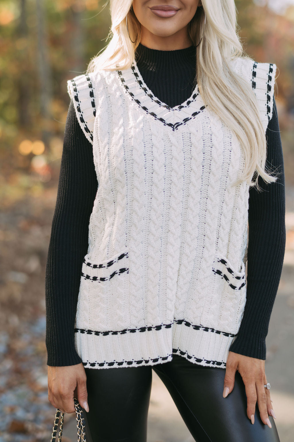 Cable Knit Sweater Vest - Cream/Black