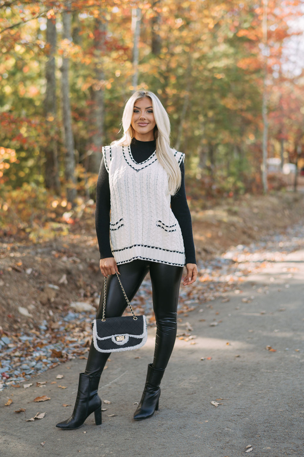 Cable Knit Sweater Vest - Cream/Black