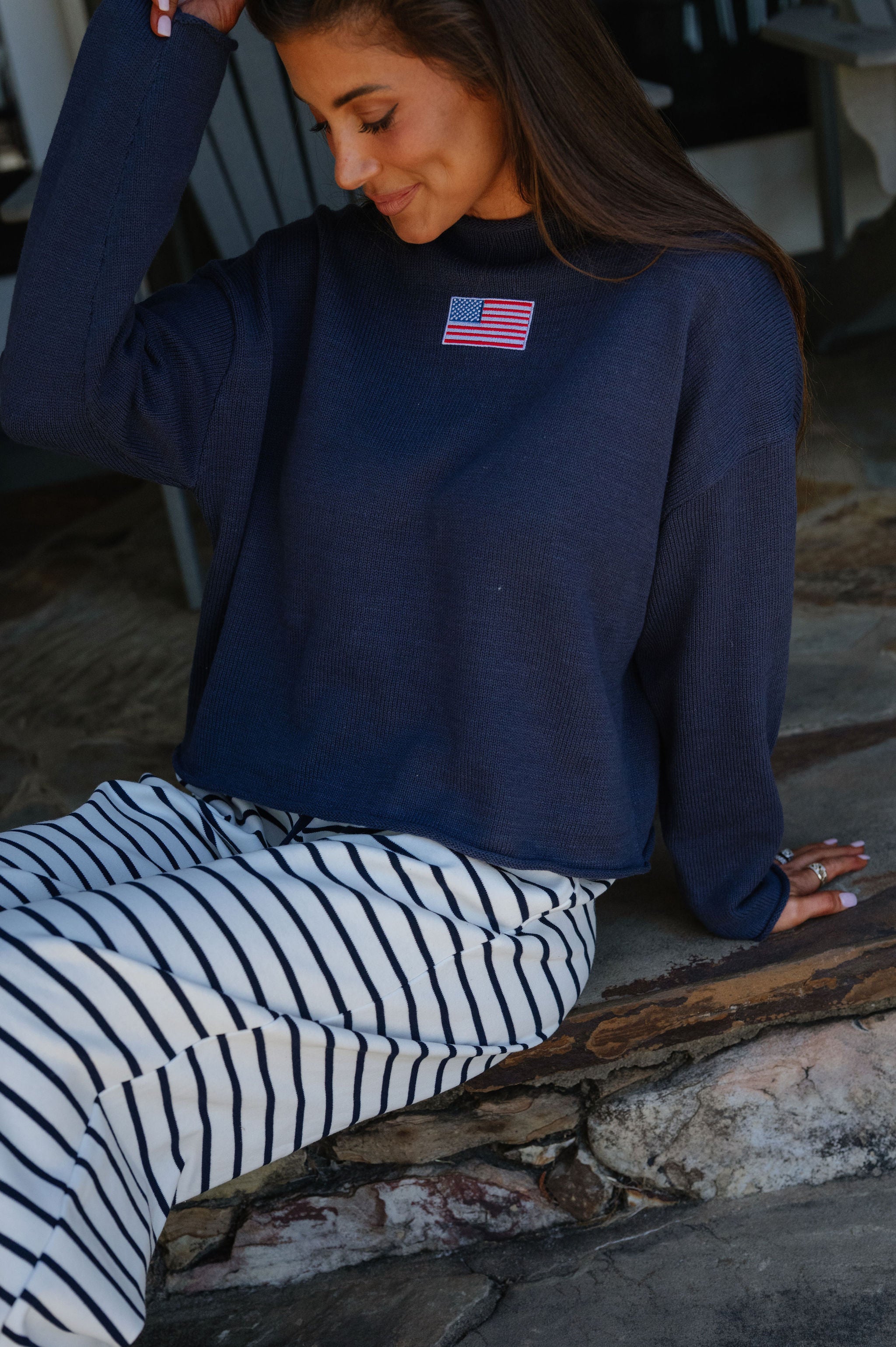 American Flag Rolled High Neck Sweater-Navy