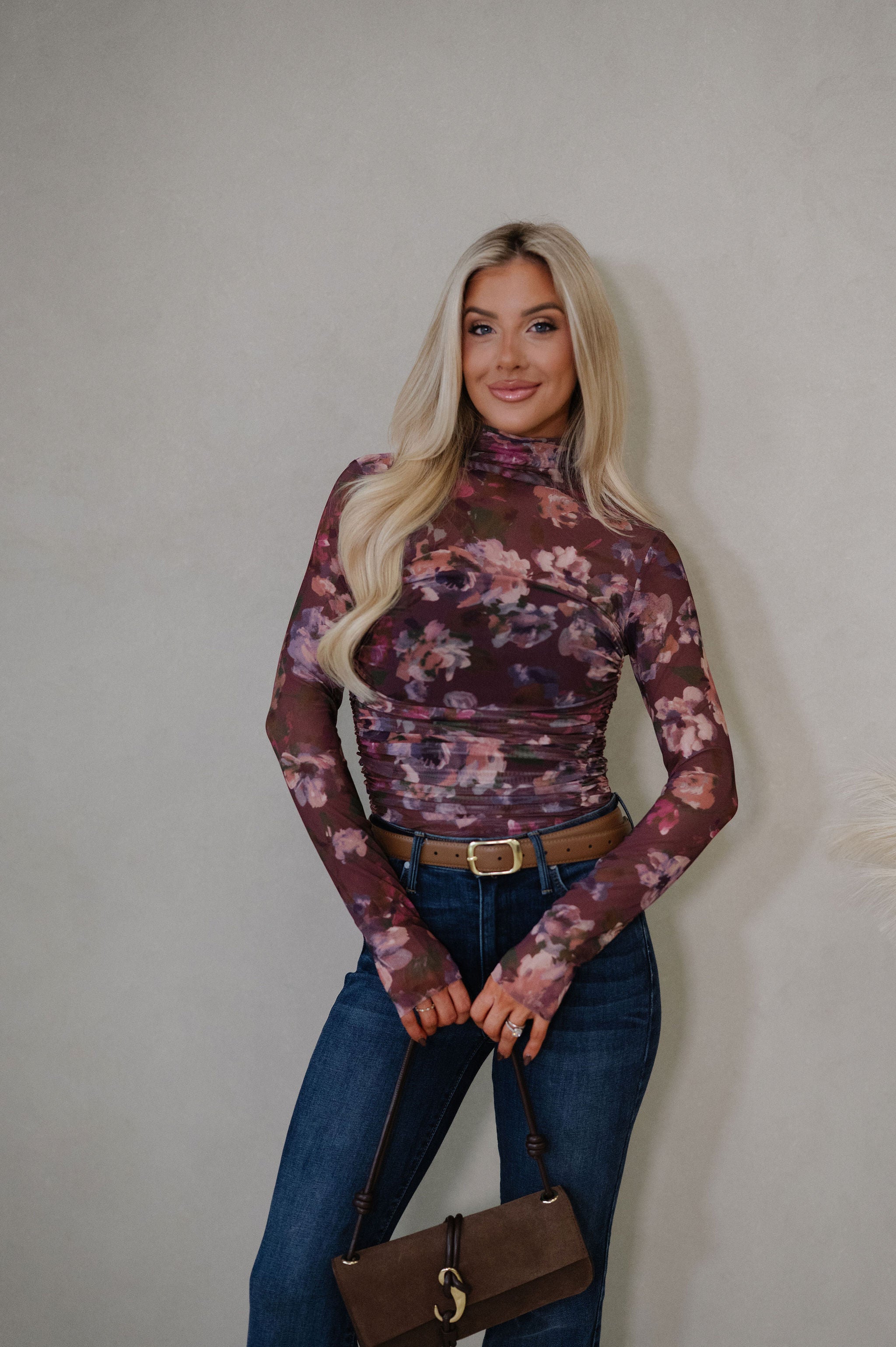 Shirring Mock Neck Bodysuit-Floral