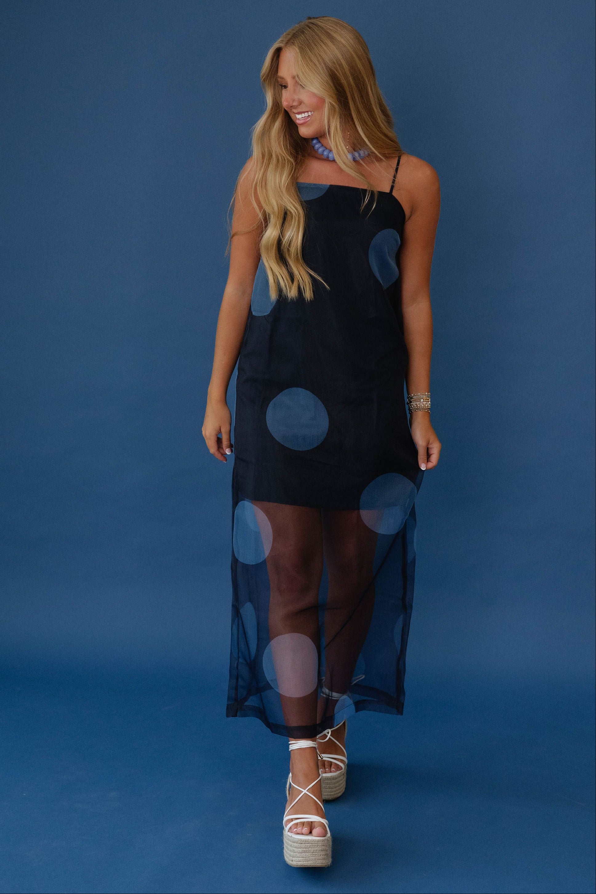 Fran Polka Dot Sheer Overlay Midi Dress-Navy
