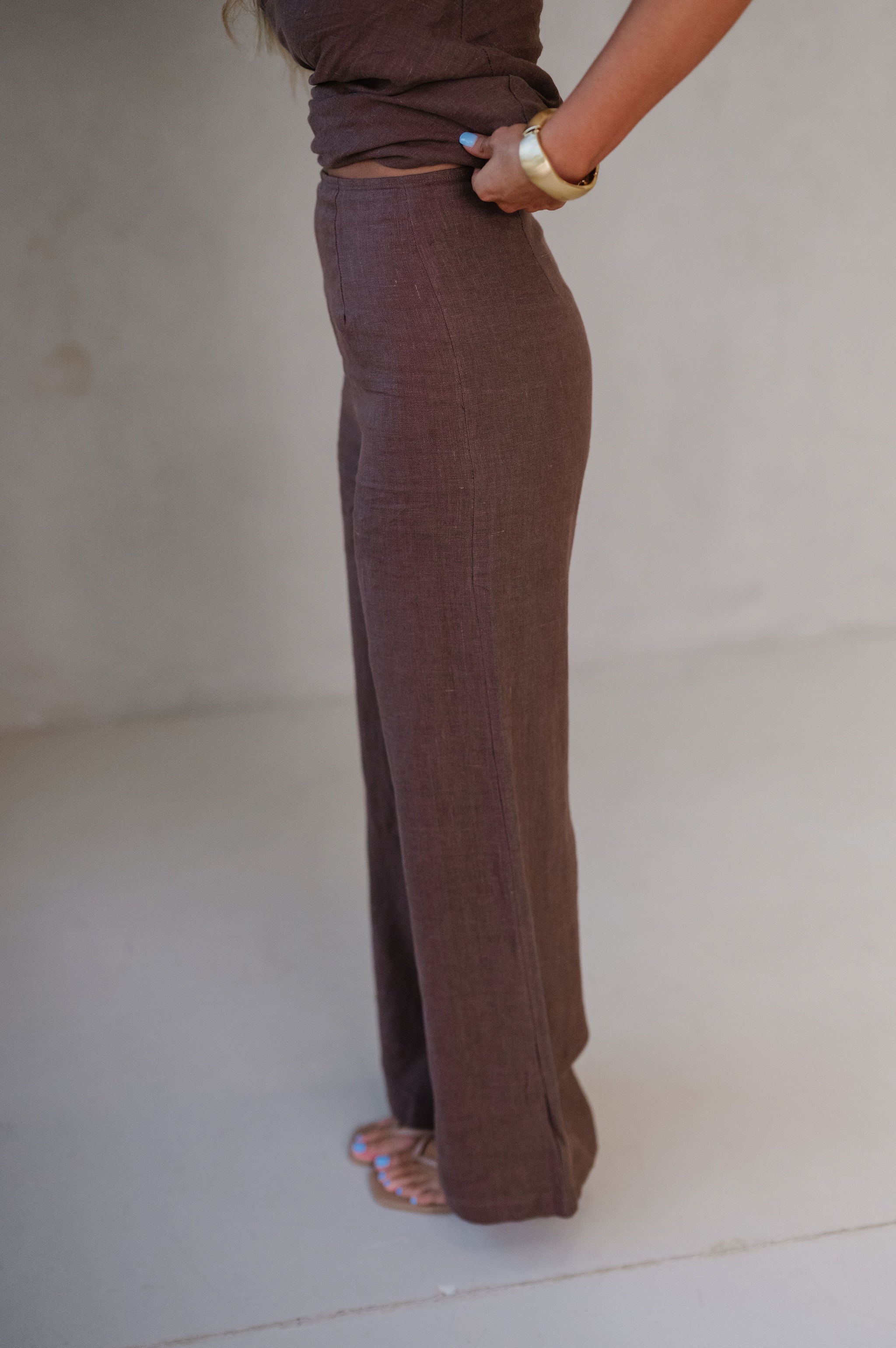 Rita Wide Leg Linen Pants-Brown