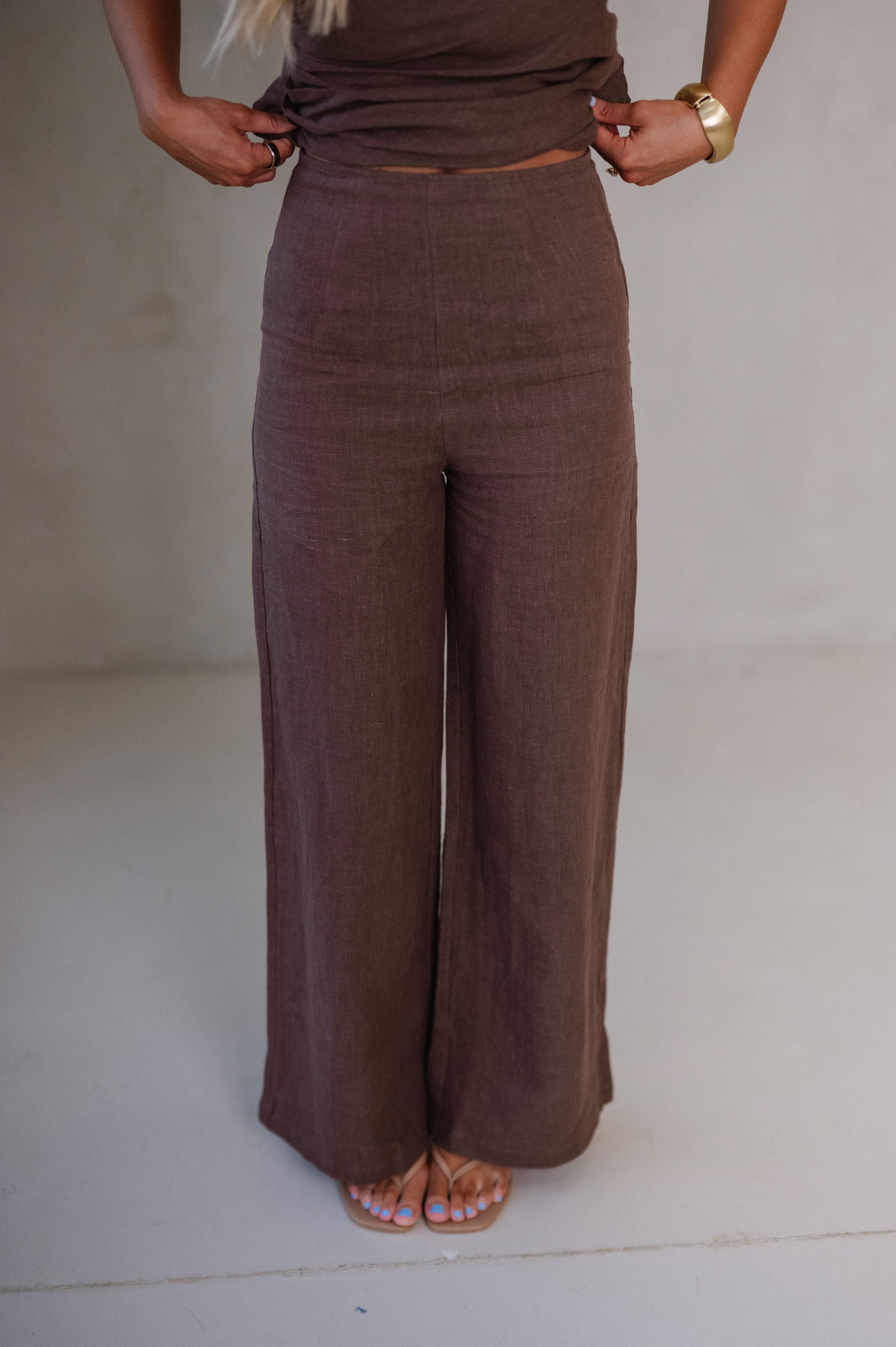 Rita Wide Leg Linen Pants-Brown