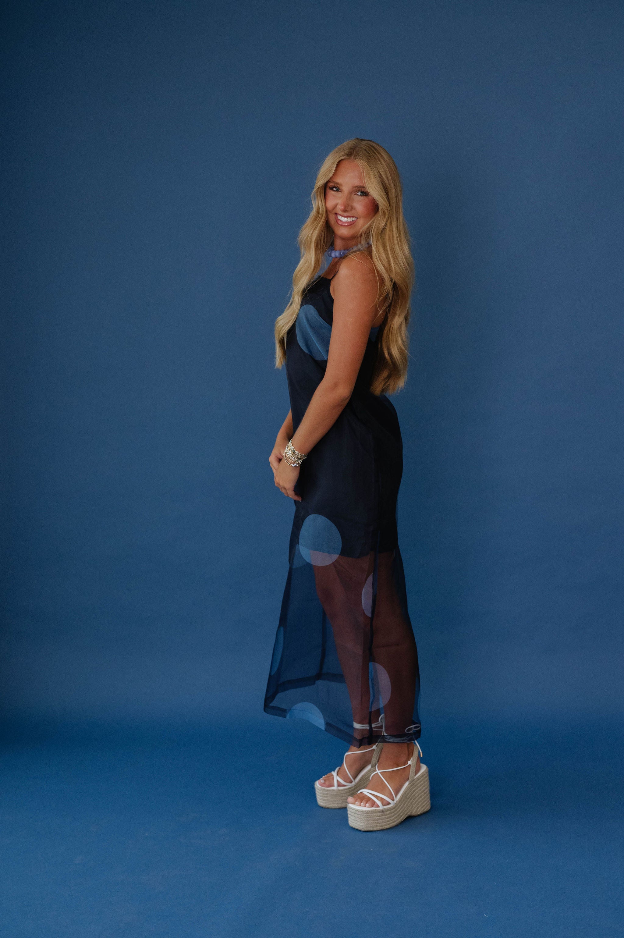 Fran Polka Dot Sheer Overlay Midi Dress-Navy