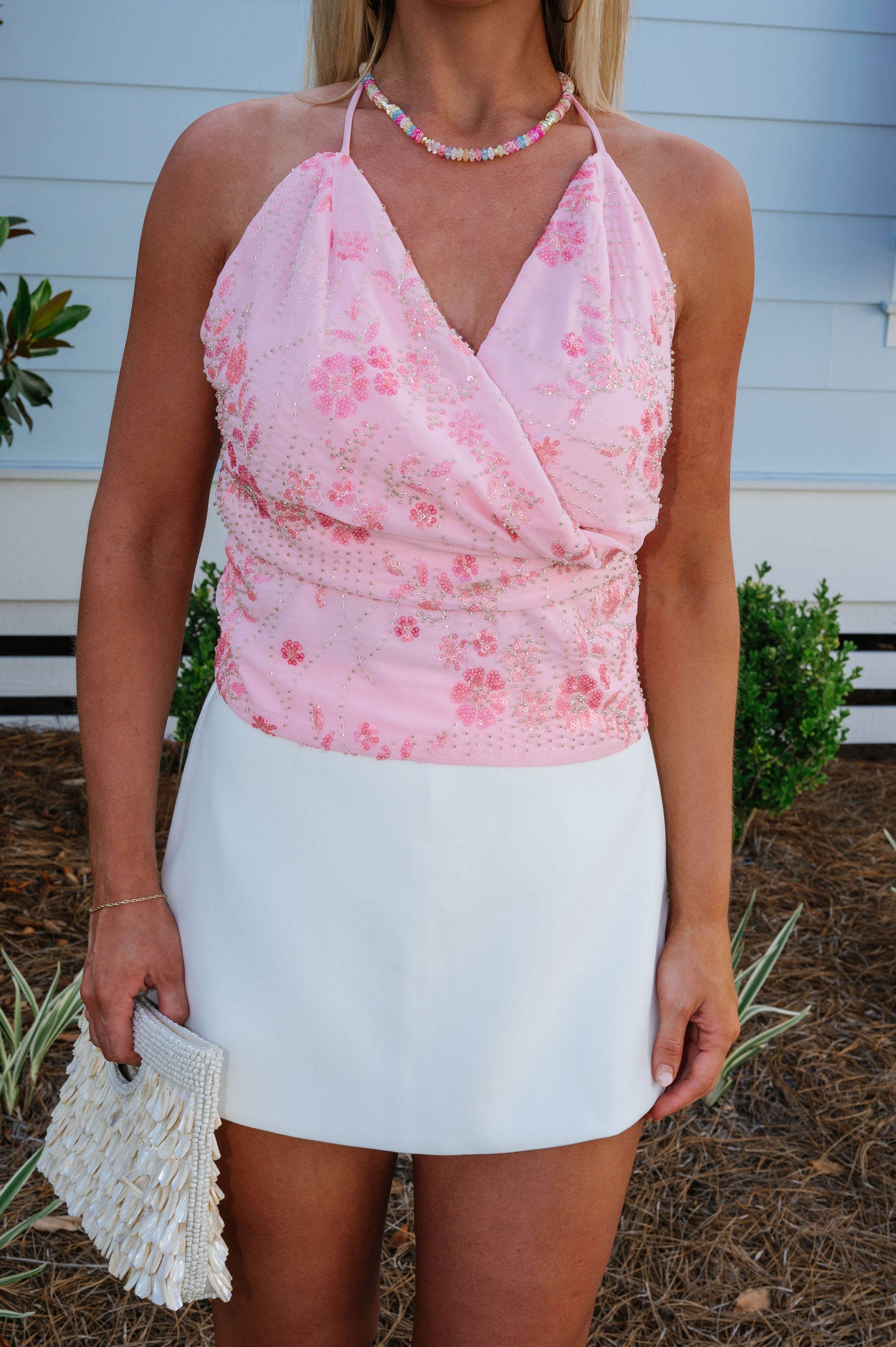 Embellished Halter Top- Pink