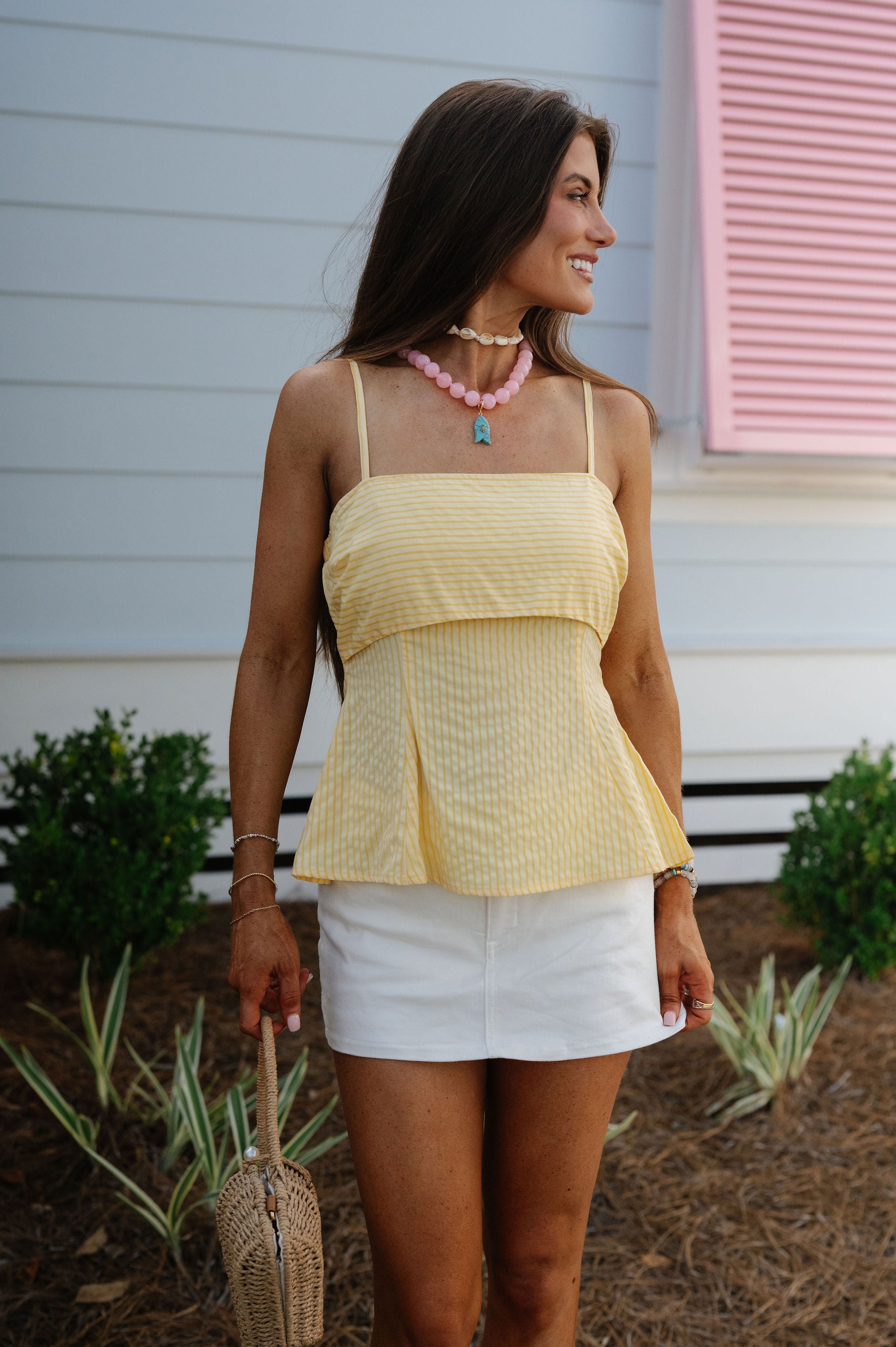 Birdie Striped Fit And Flare Top-Lemon