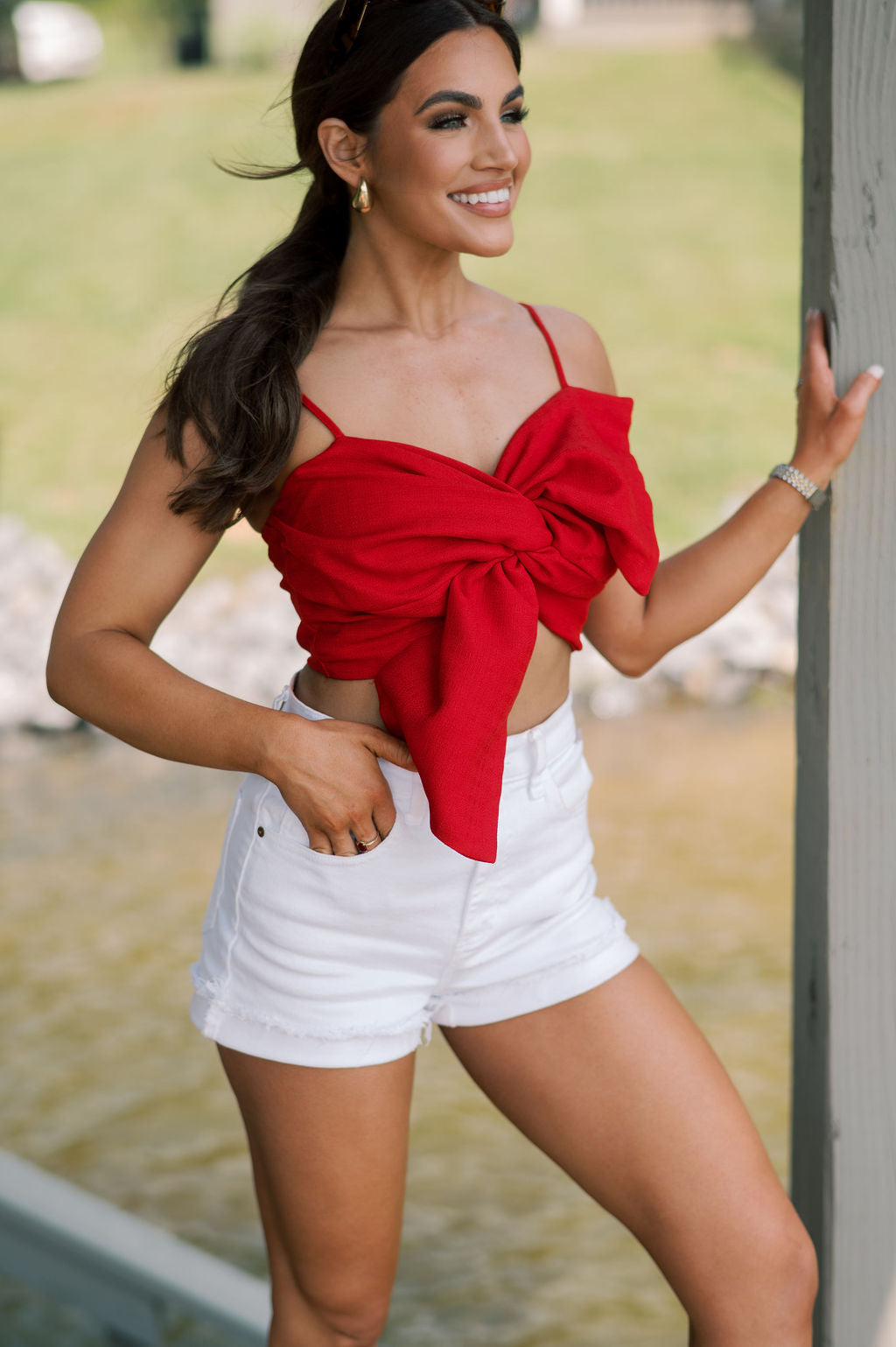 Bow Tie Crop Top-Red