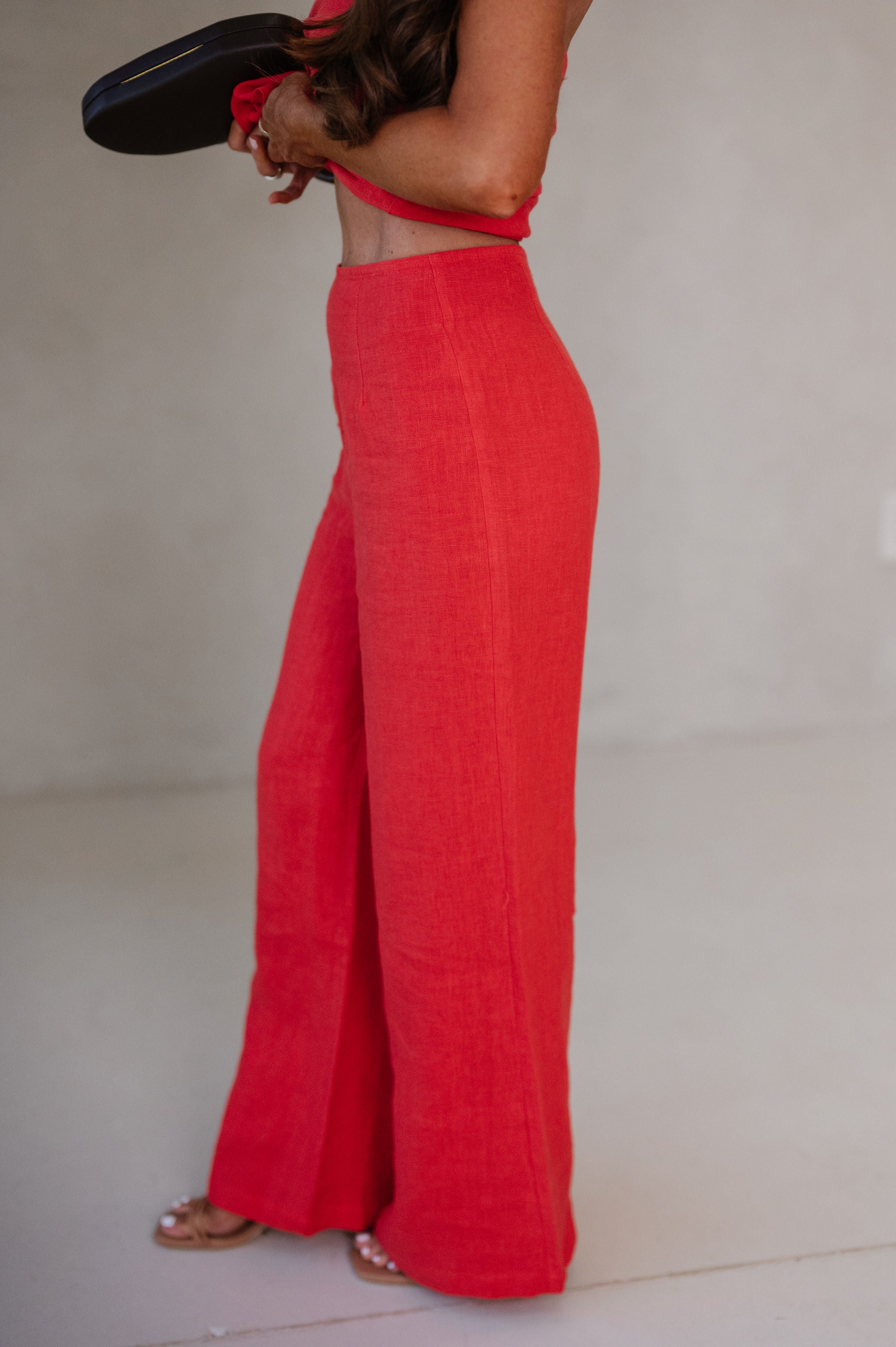 Rita Wide Leg Linen Pants-Red