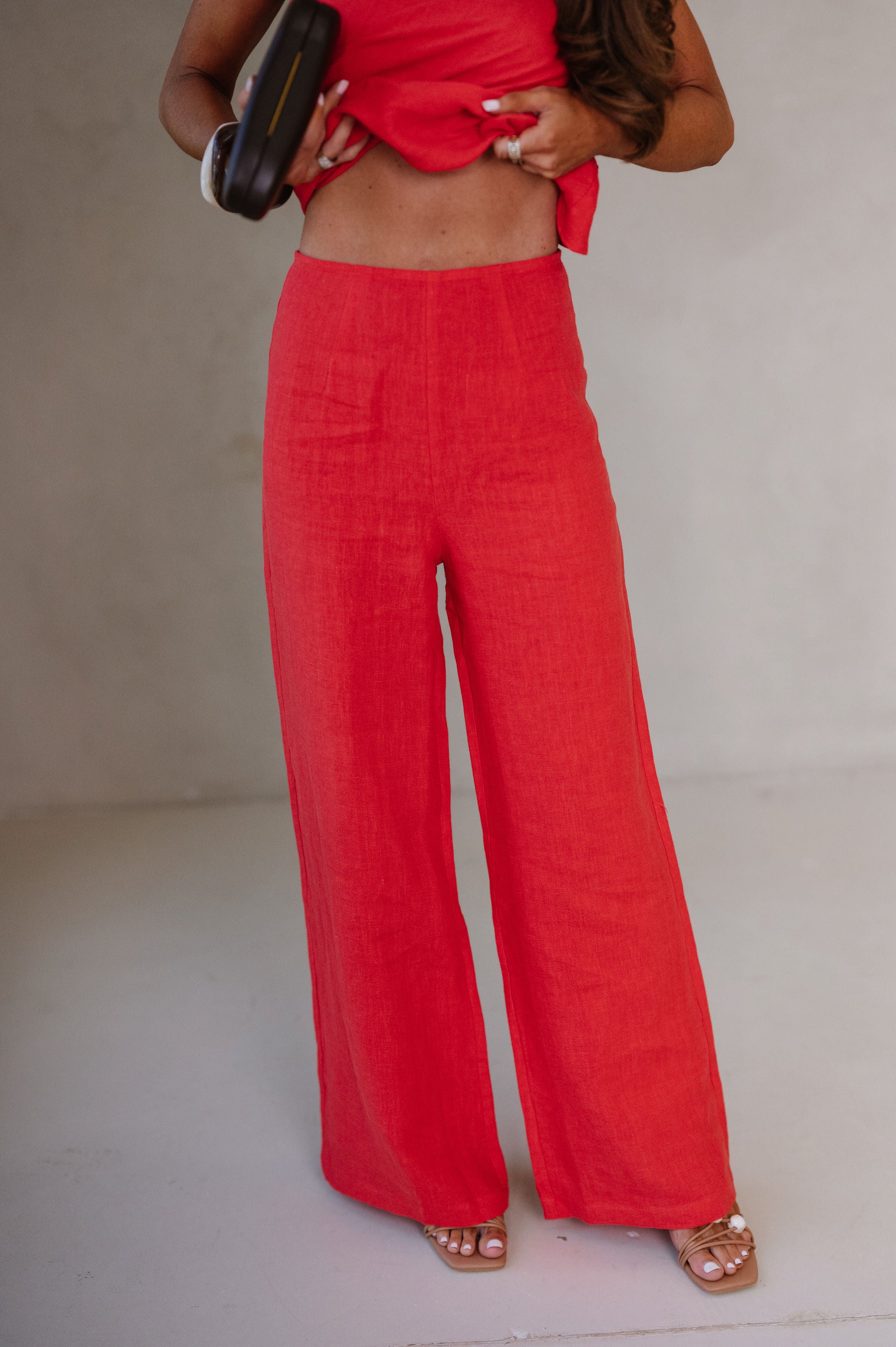 Rita Wide Leg Linen Pants-Red