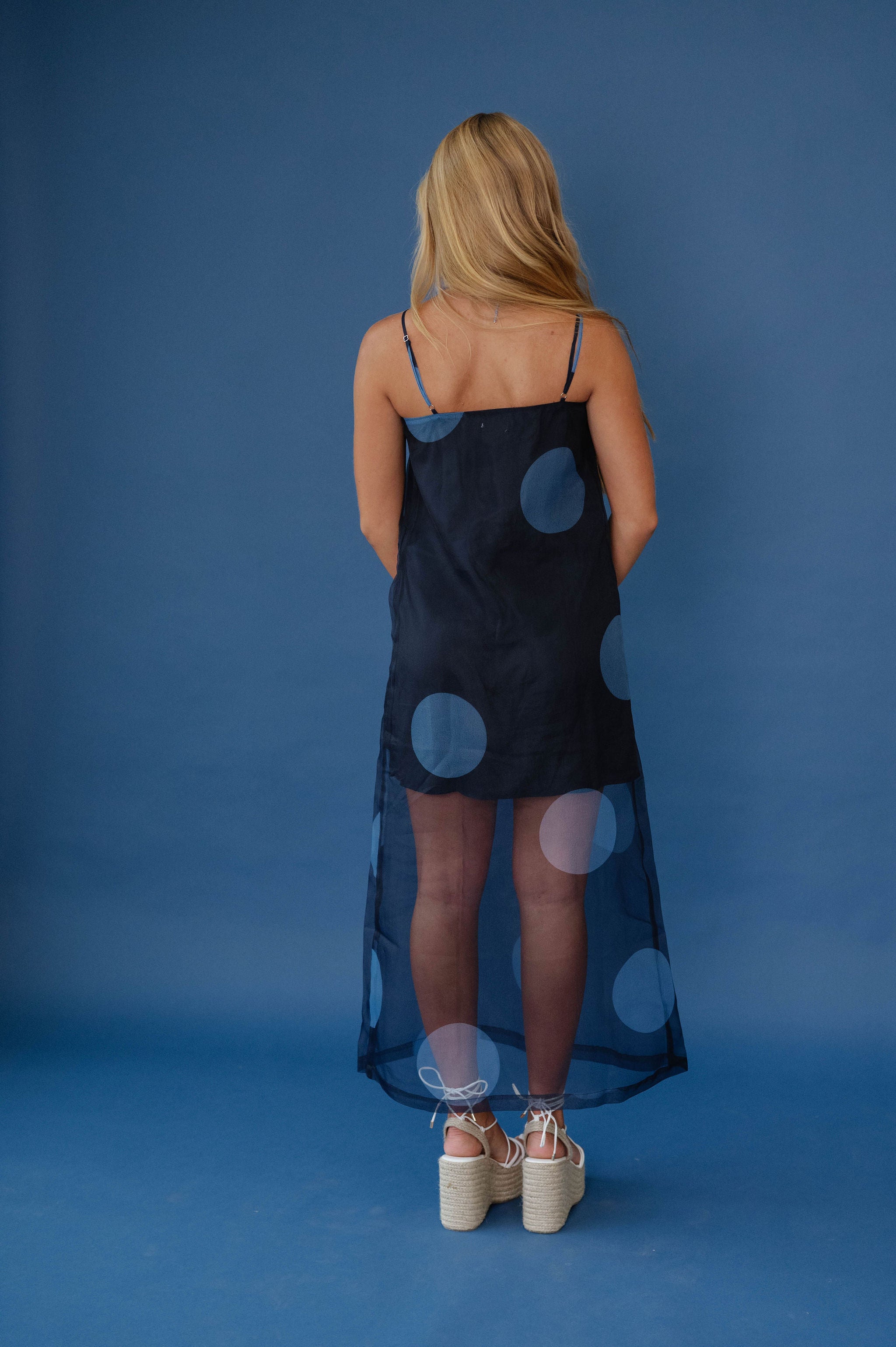 Fran Polka Dot Sheer Overlay Midi Dress-Navy