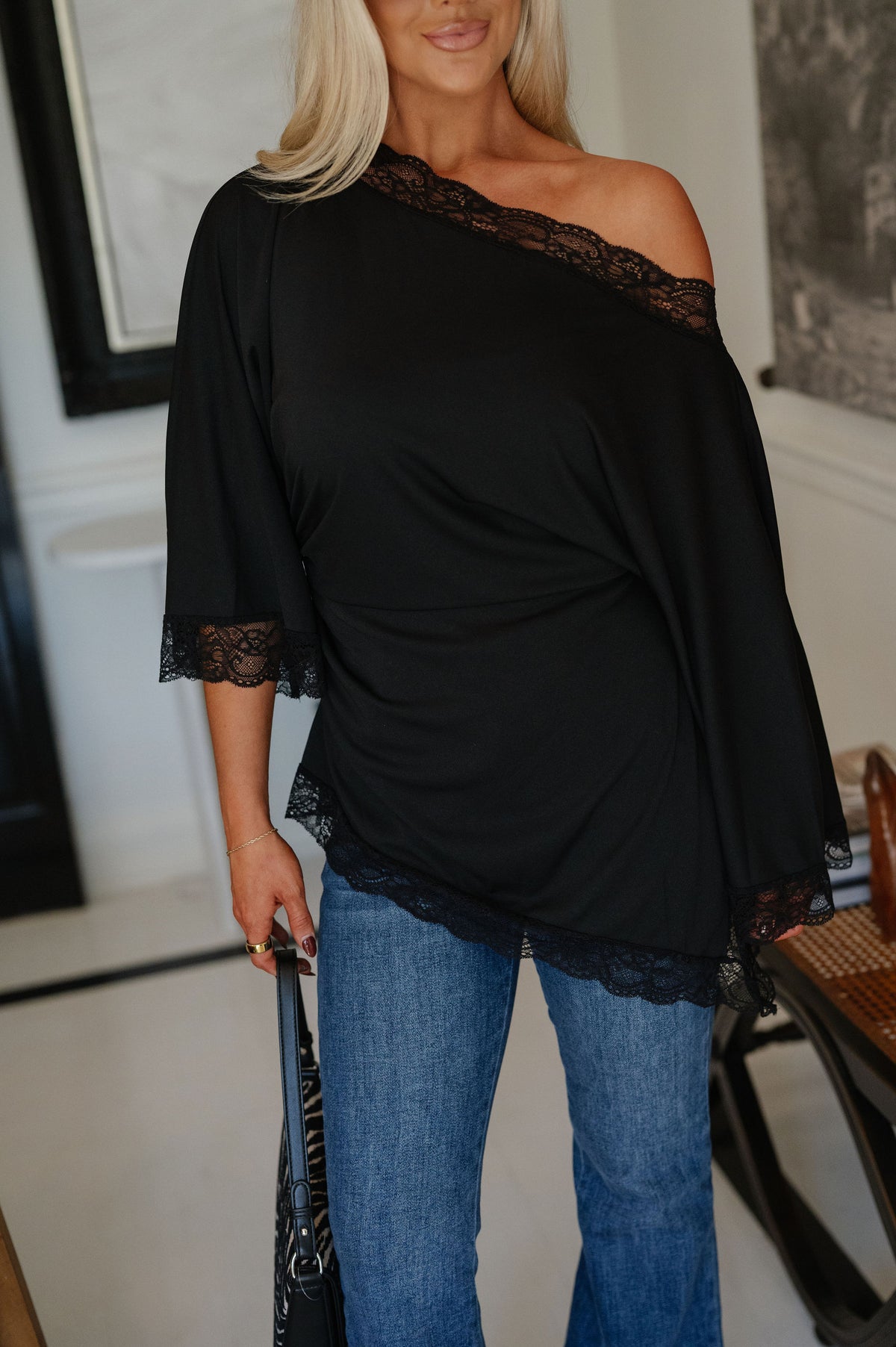 Felicity Lace Trim Top-Black